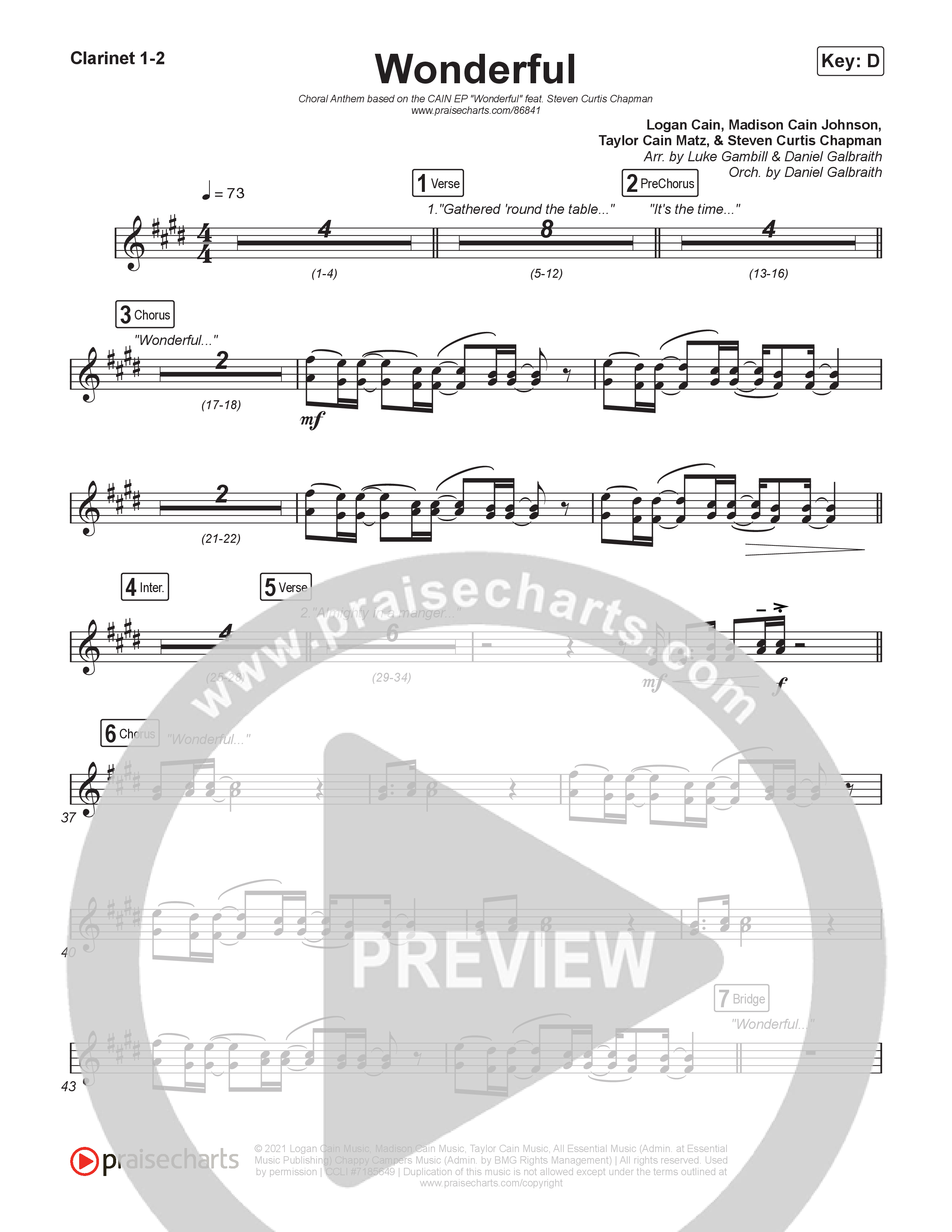Wonderful (Choral Anthem SATB) Clarinet 1,2 (CAIN / Arr. Luke Gambill)