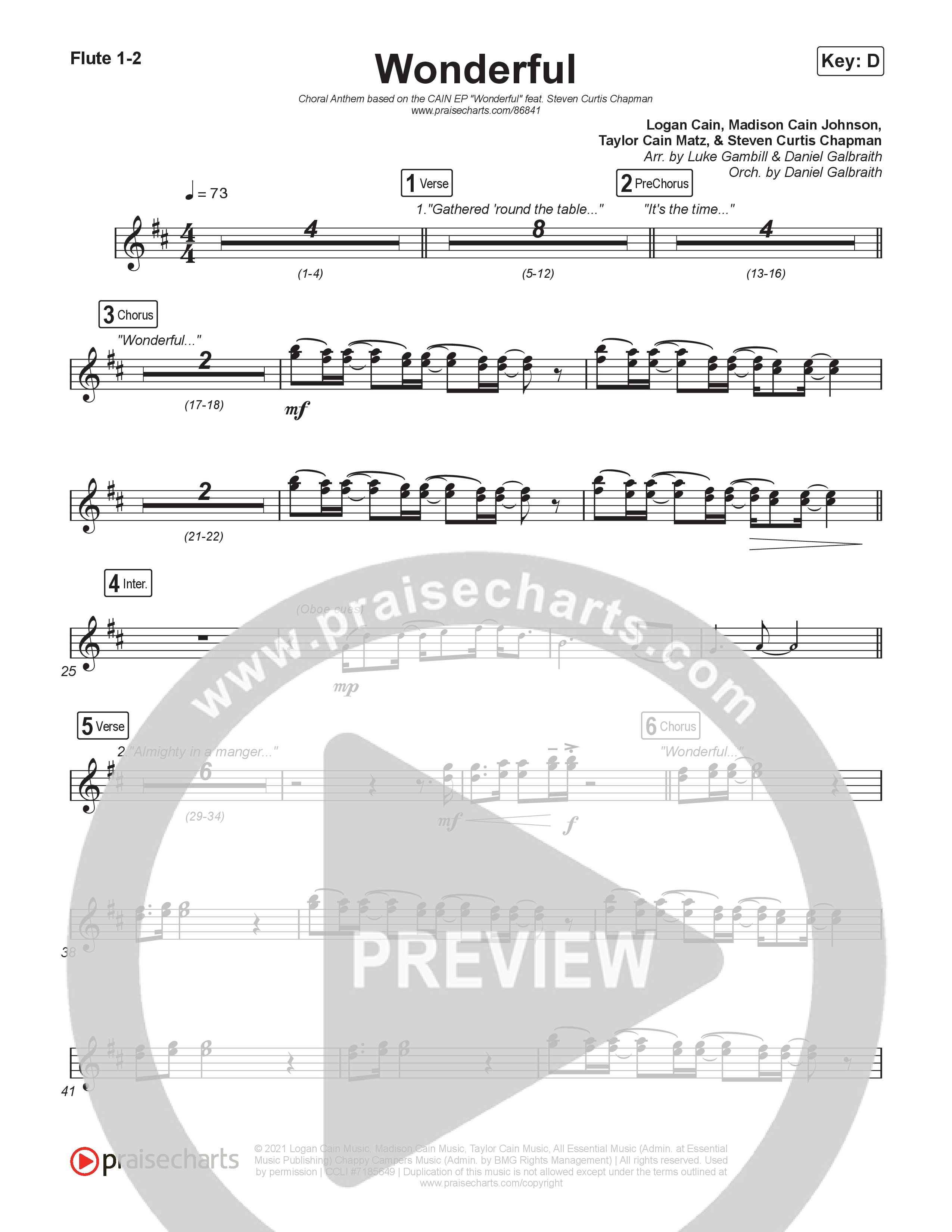 Wonderful (Choral Anthem SATB) Flute 1,2 (CAIN / Arr. Luke Gambill)