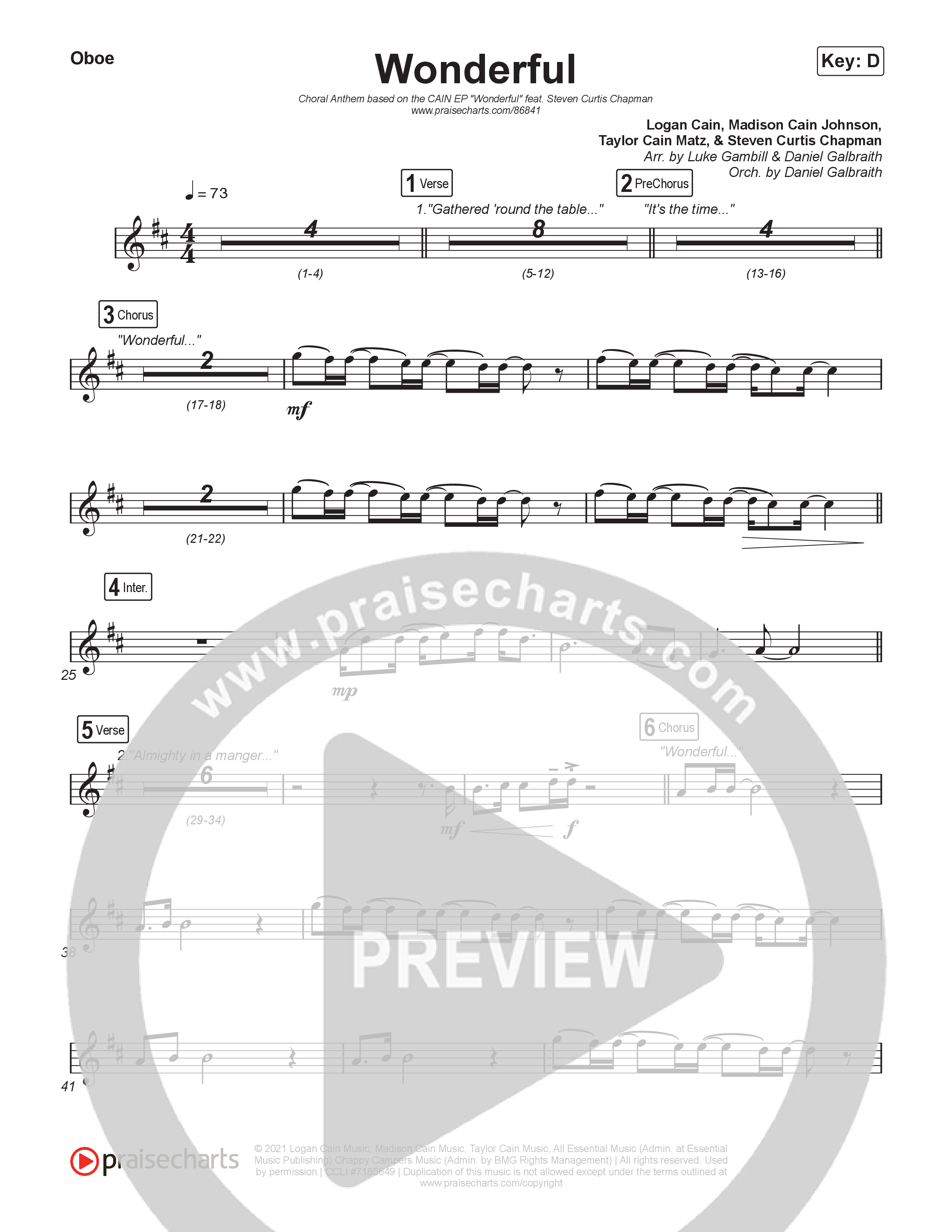 Wonderful (Choral Anthem SATB) Oboe (CAIN / Arr. Luke Gambill)