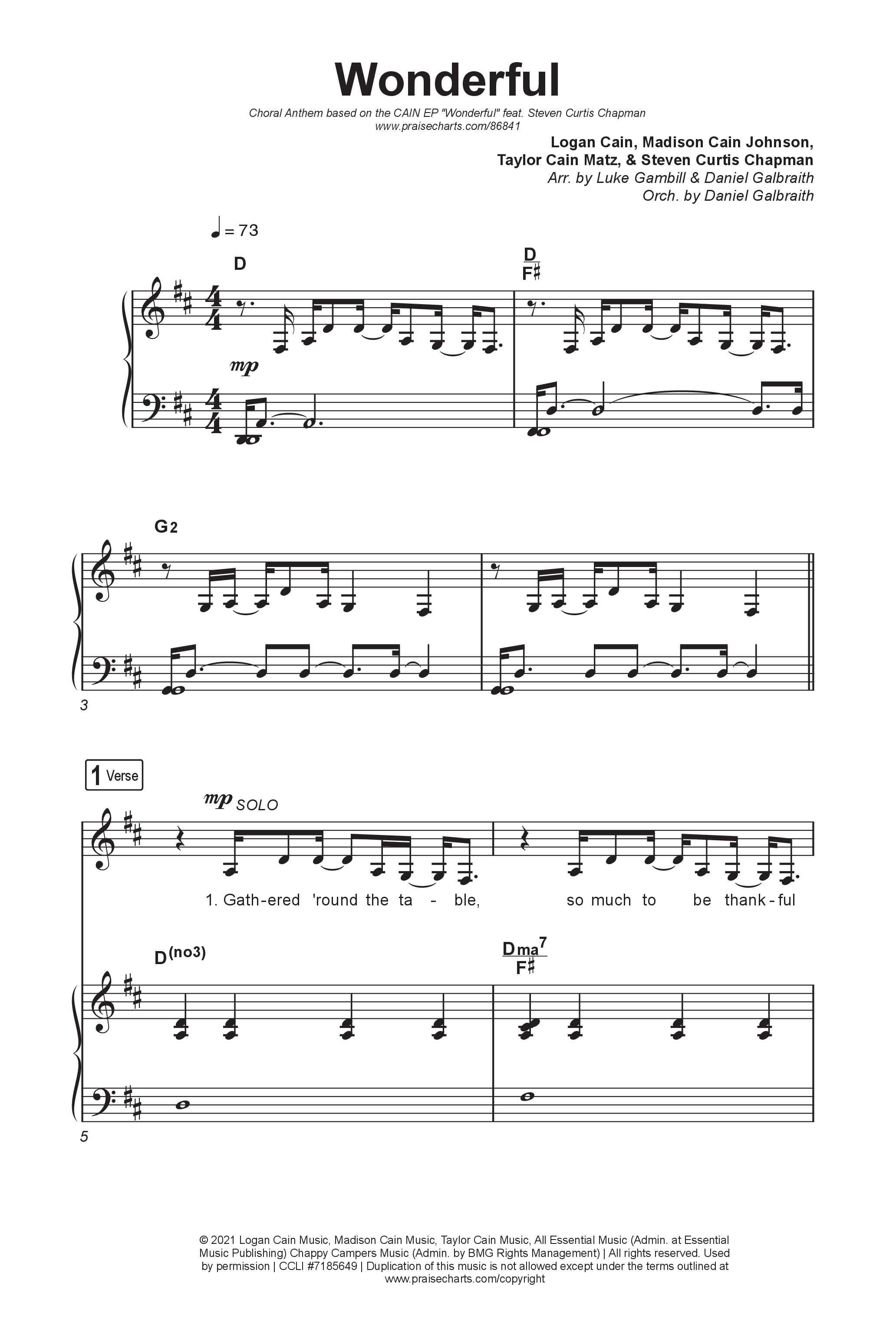 Wonderful (Choral Anthem SATB) Octavo (SATB & Pno) (CAIN / Arr. Luke Gambill)