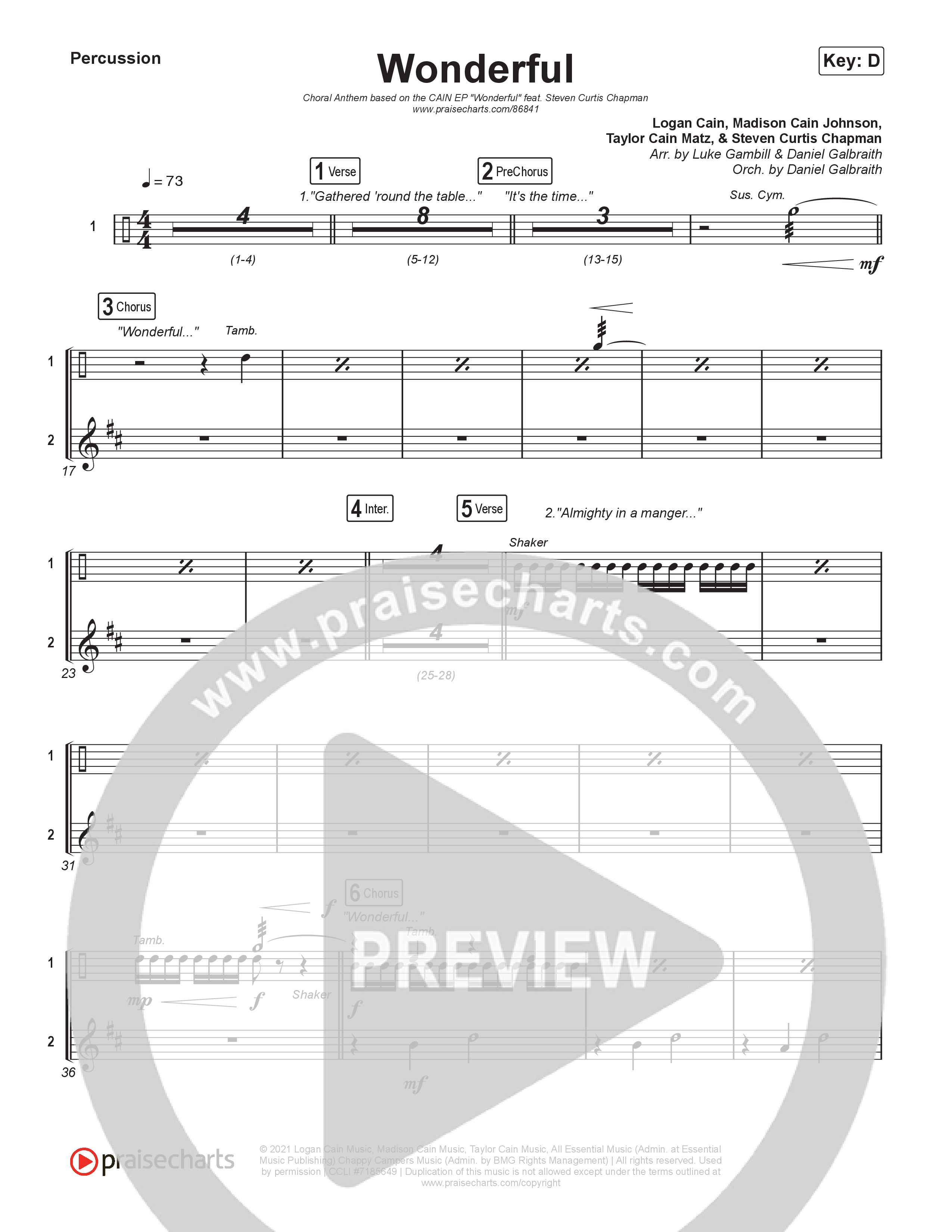 Wonderful (Choral Anthem SATB) Percussion (CAIN / Arr. Luke Gambill)