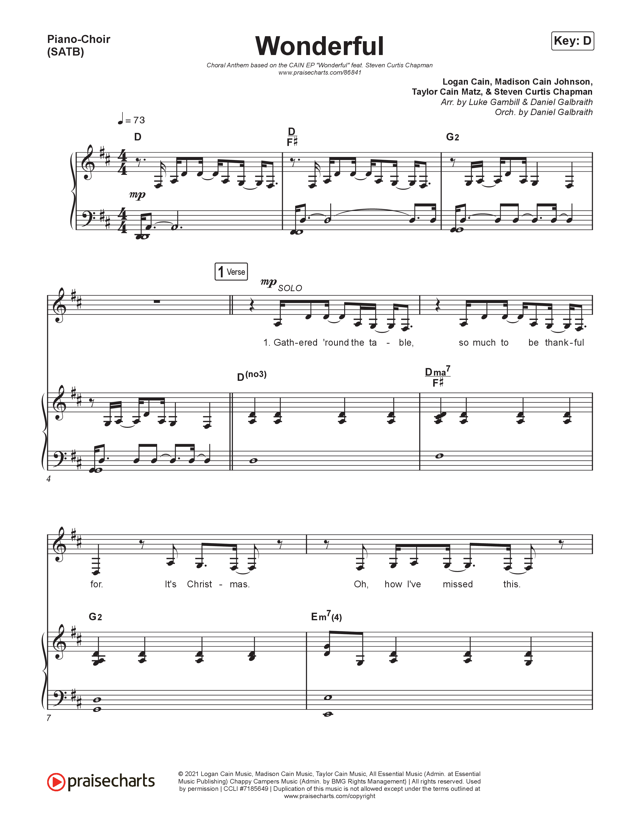 Wonderful (Choral Anthem SATB) Piano/Vocal (SATB) (CAIN / Arr. Luke Gambill)