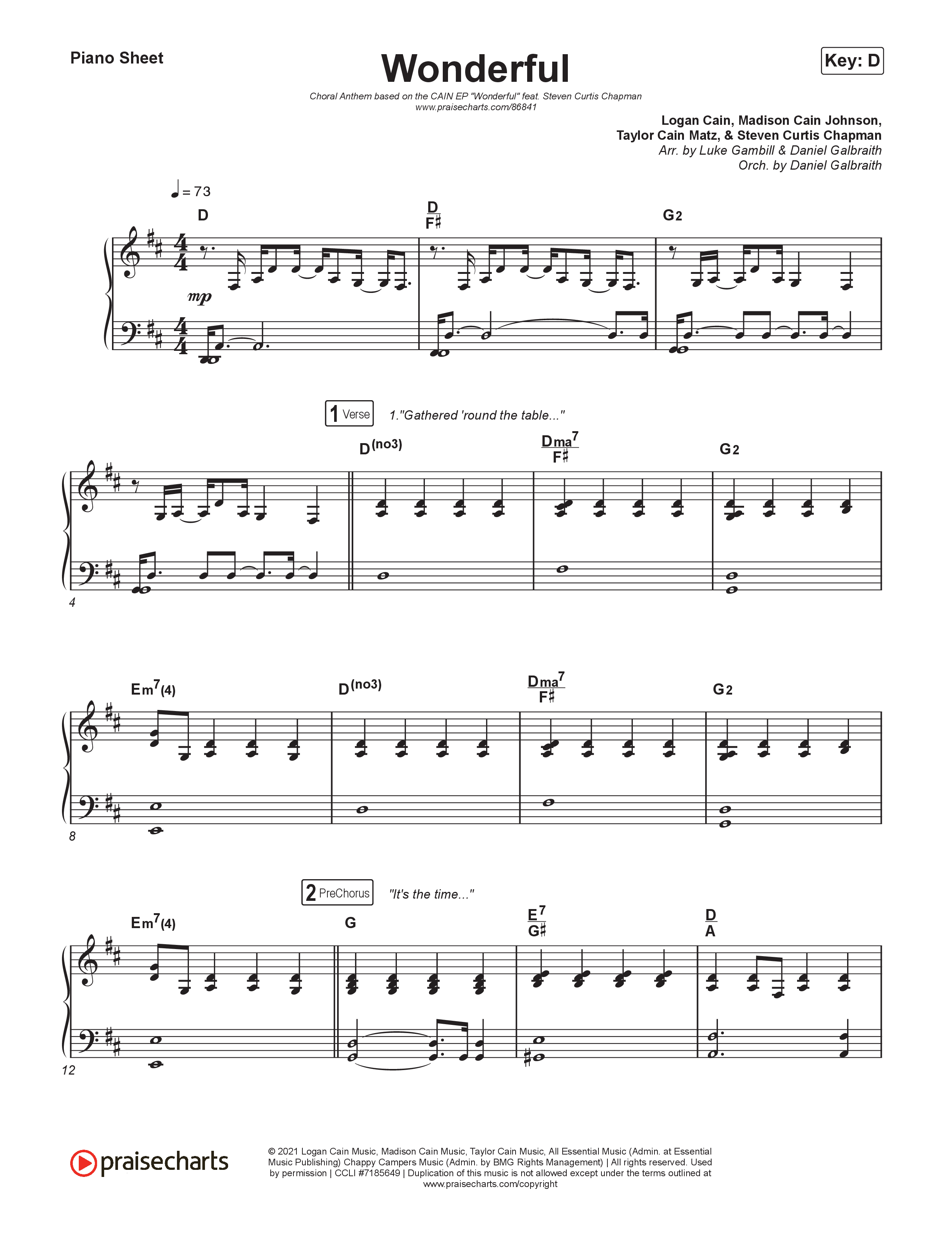Wonderful (Choral Anthem SATB) Piano Sheet (CAIN / Arr. Luke Gambill)