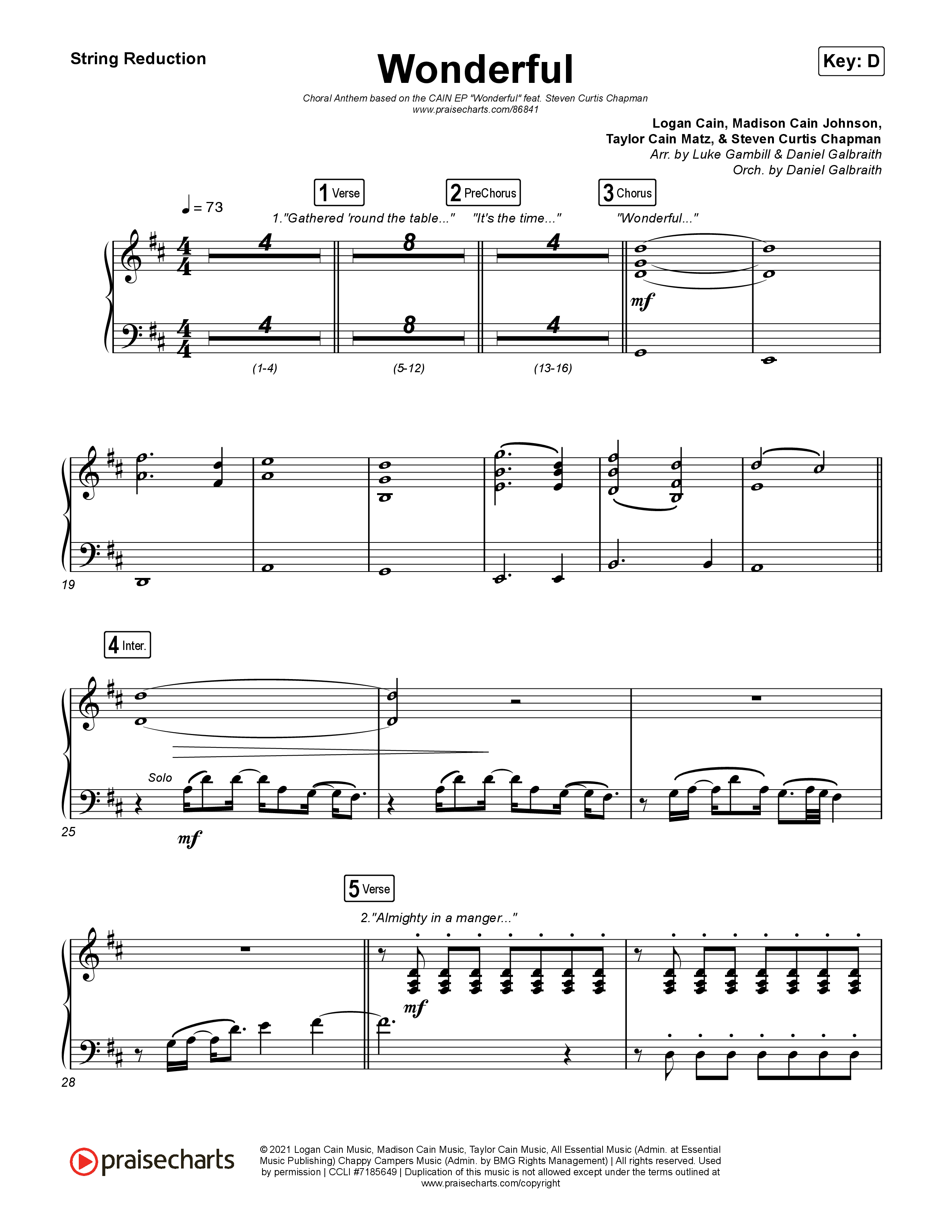 Wonderful (Choral Anthem SATB) String Reduction (CAIN / Arr. Luke Gambill)