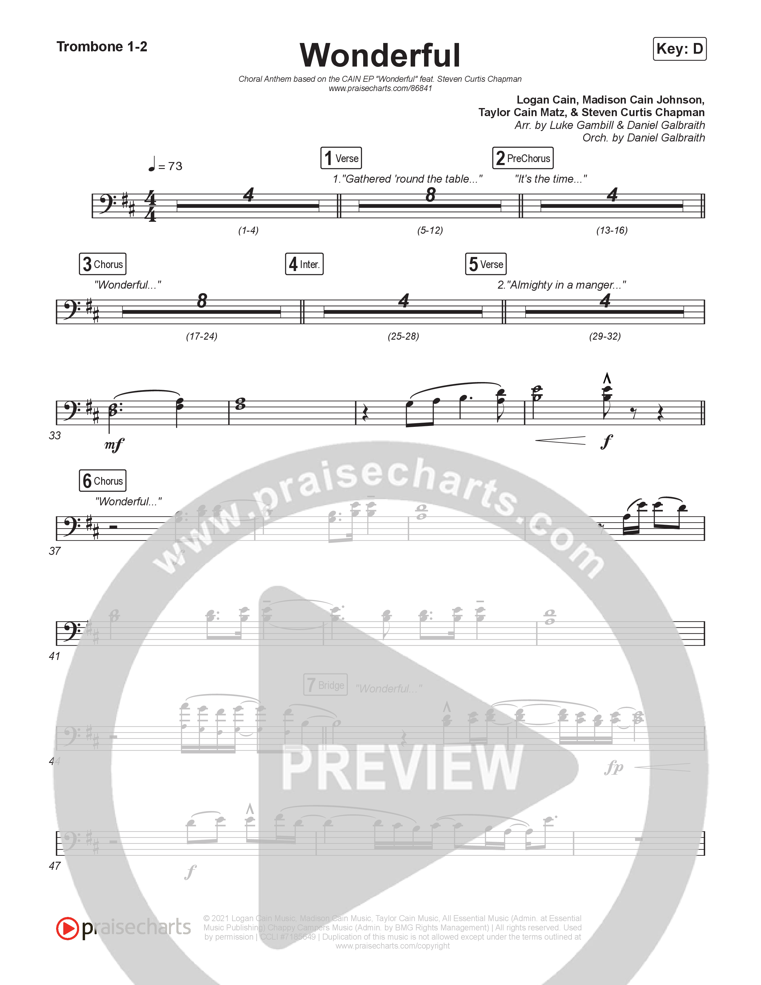 Wonderful (Choral Anthem SATB) Trombone 1/2 (CAIN / Arr. Luke Gambill)