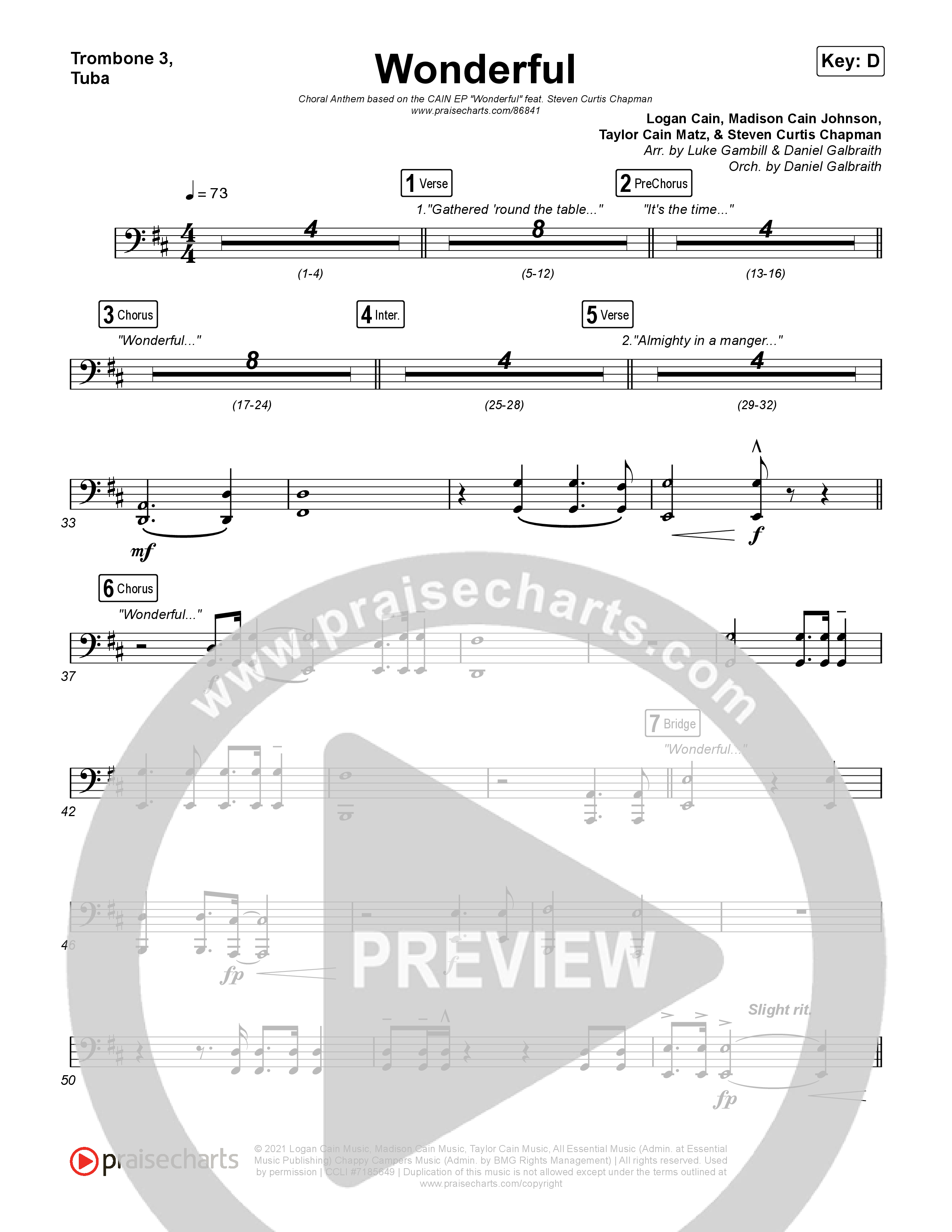 Wonderful (Choral Anthem SATB) Trombone 1,2 (CAIN / Arr. Luke Gambill)