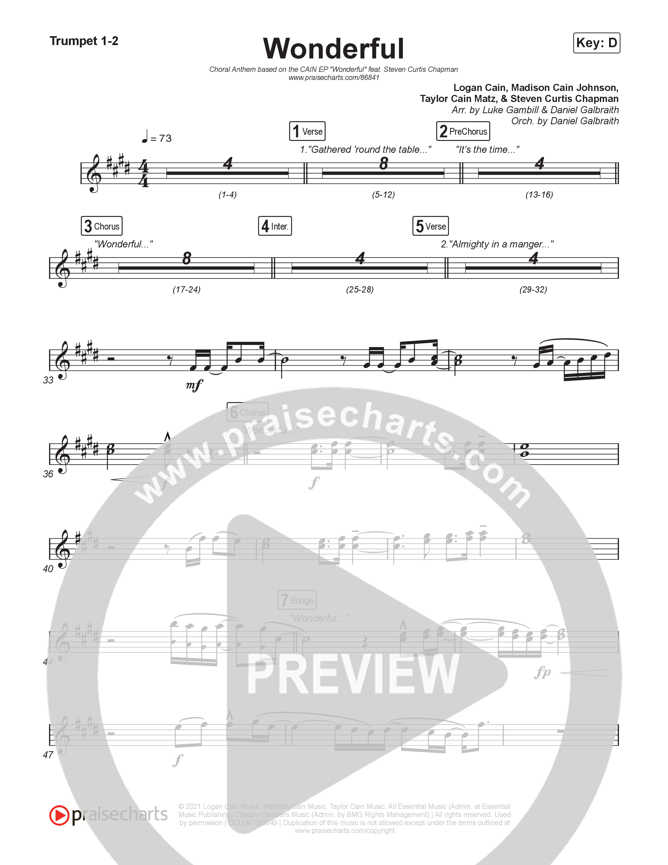 Wonderful (Choral Anthem SATB) Trumpet 1,2 (CAIN / Arr. Luke Gambill)