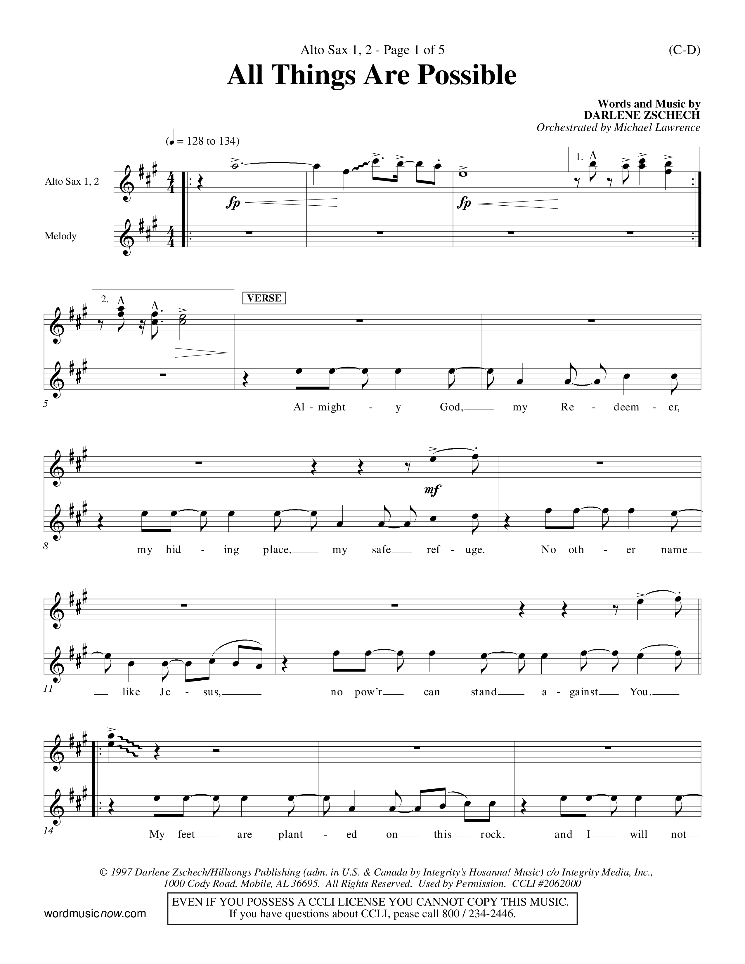 All Things Are Possible (Choral Anthem SATB) Alto Sax 1/2 (Word Music Choral / Orch. Michael Lawrence)
