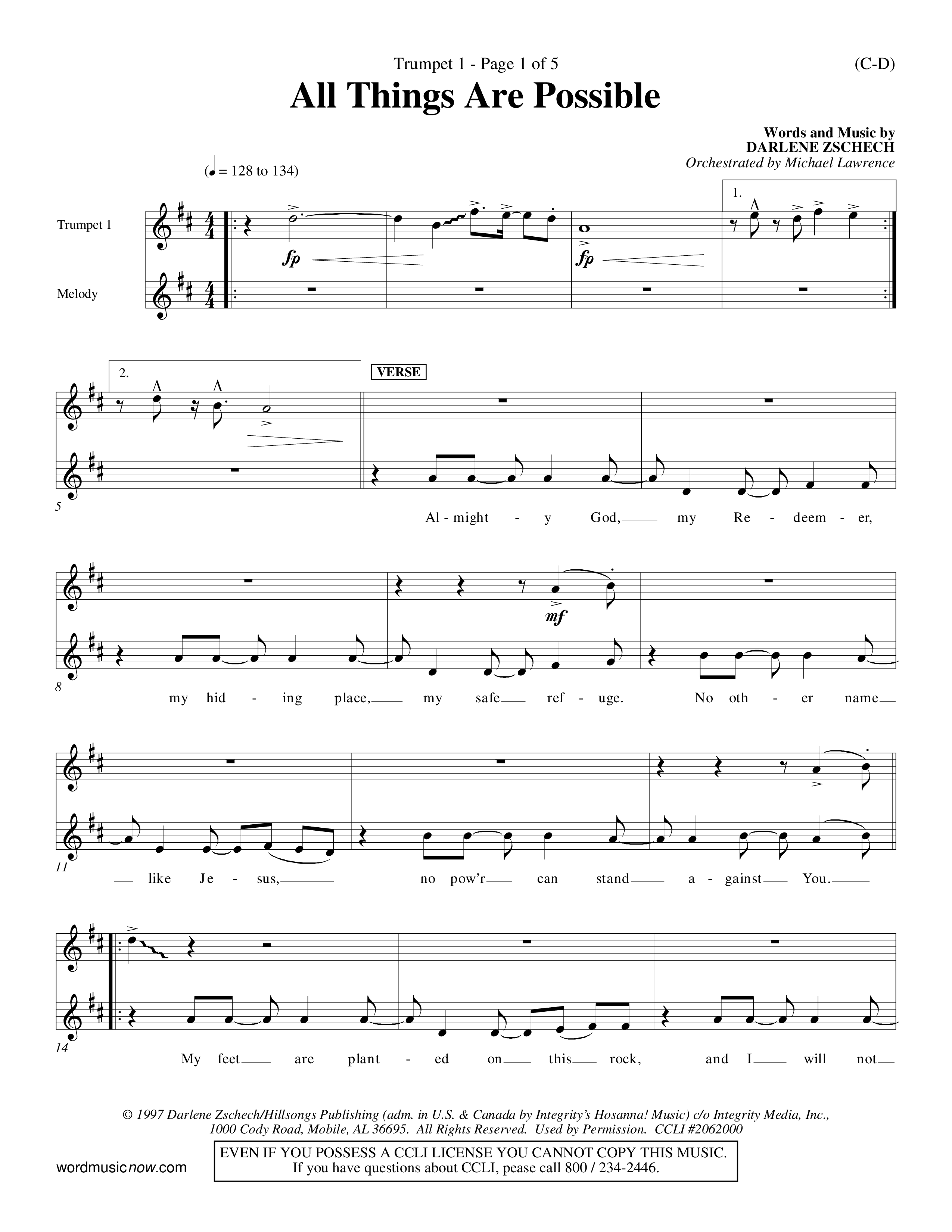 All Things Are Possible (Choral Anthem SATB) Trumpet 1 (Word Music Choral / Orch. Michael Lawrence)