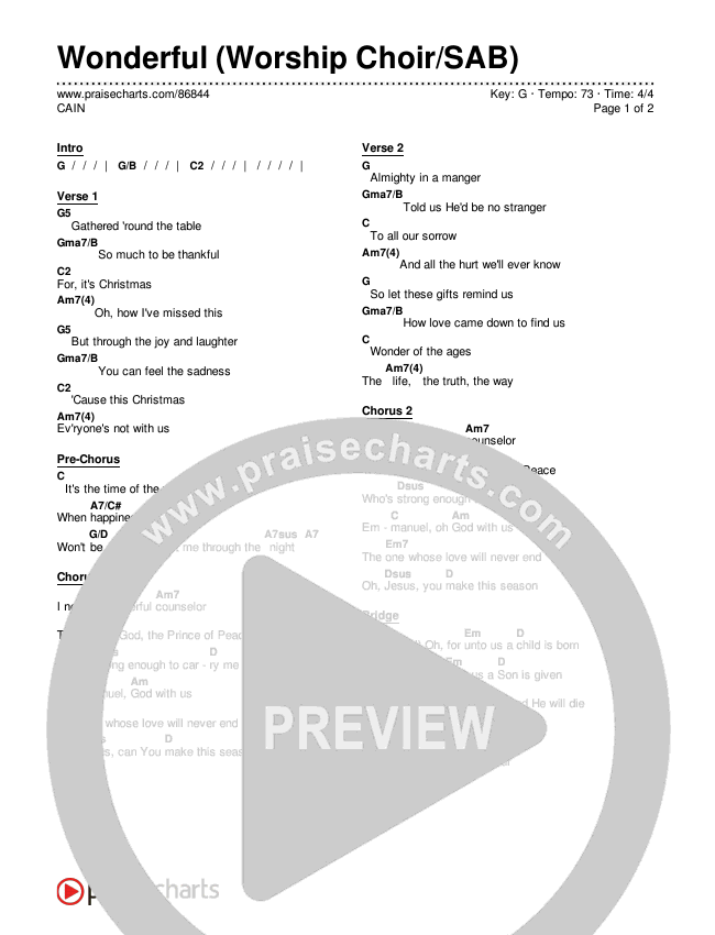 Wonderful (Worship Choir/SAB) Chords & Lyrics (CAIN / Arr. Luke Gambill)