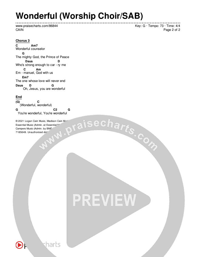 Wonderful (Worship Choir/SAB) Chords & Lyrics (CAIN / Arr. Luke Gambill)
