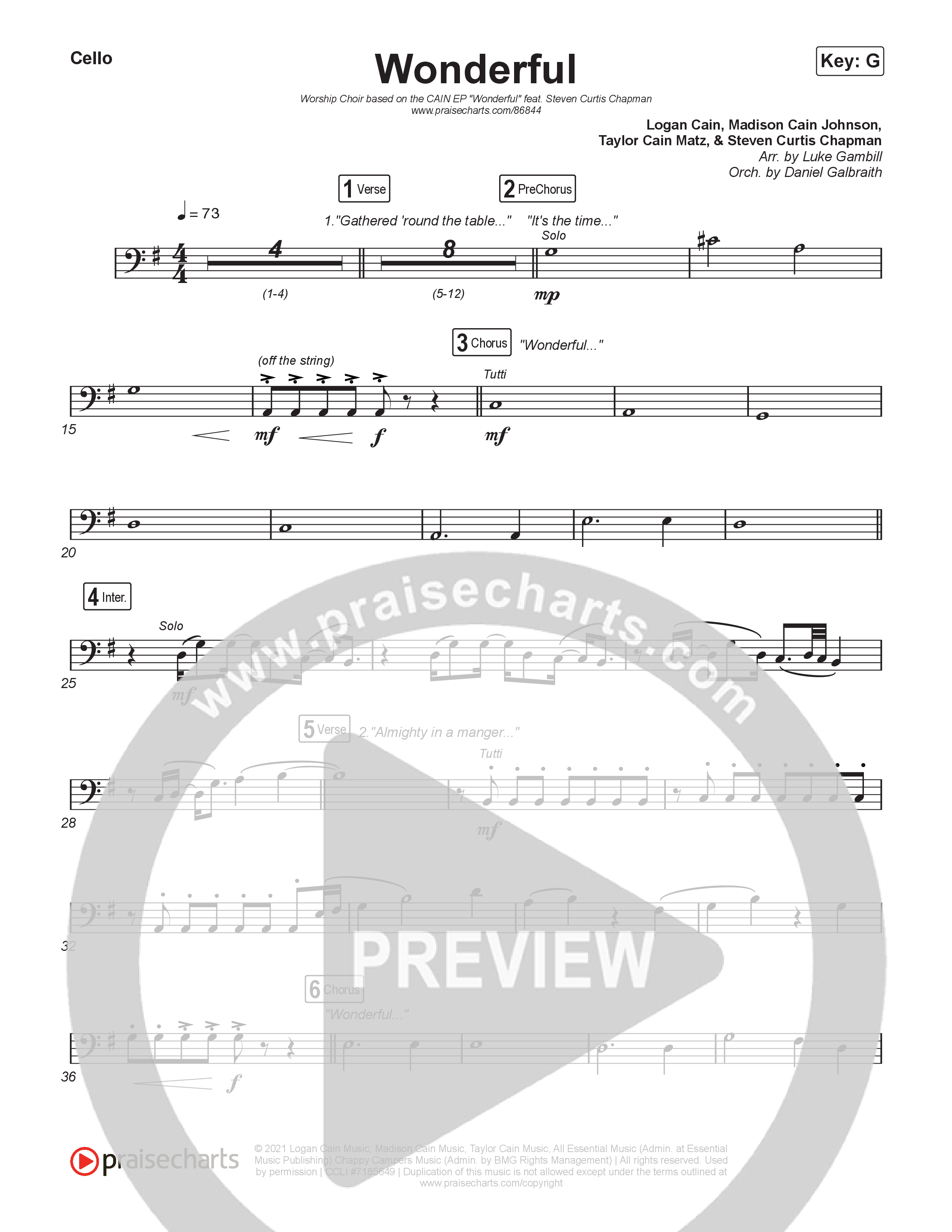 Wonderful (Worship Choir/SAB) Cello (CAIN / Arr. Luke Gambill)