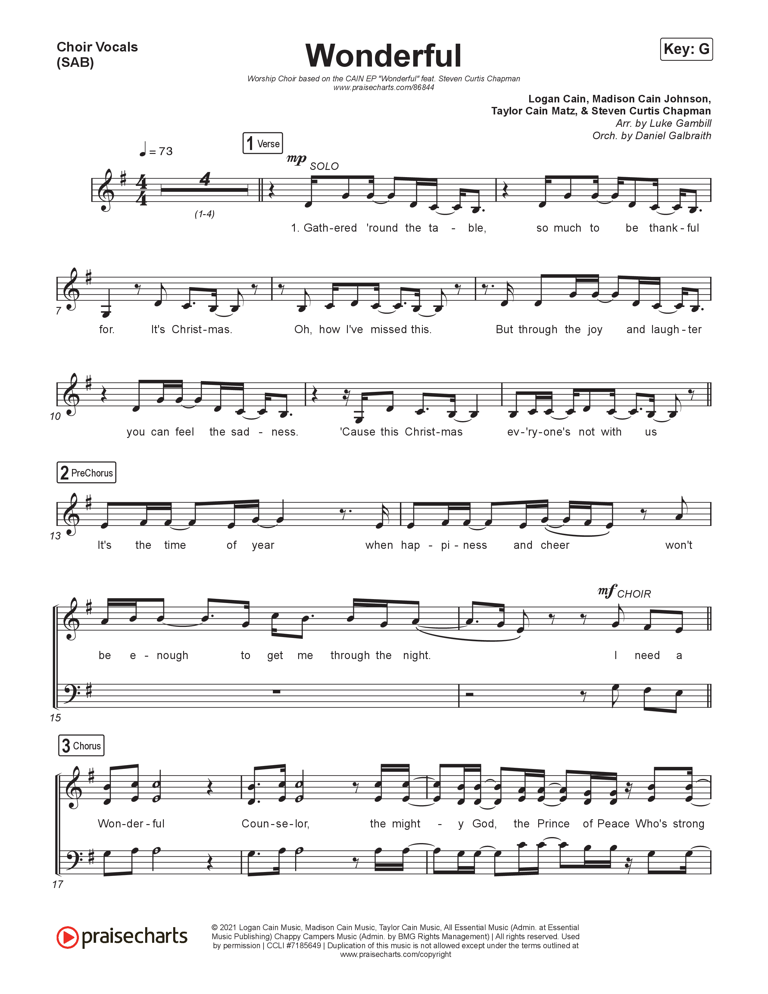 Wonderful (Worship Choir/SAB) Choir Sheet (SAB) (CAIN / Arr. Luke Gambill)
