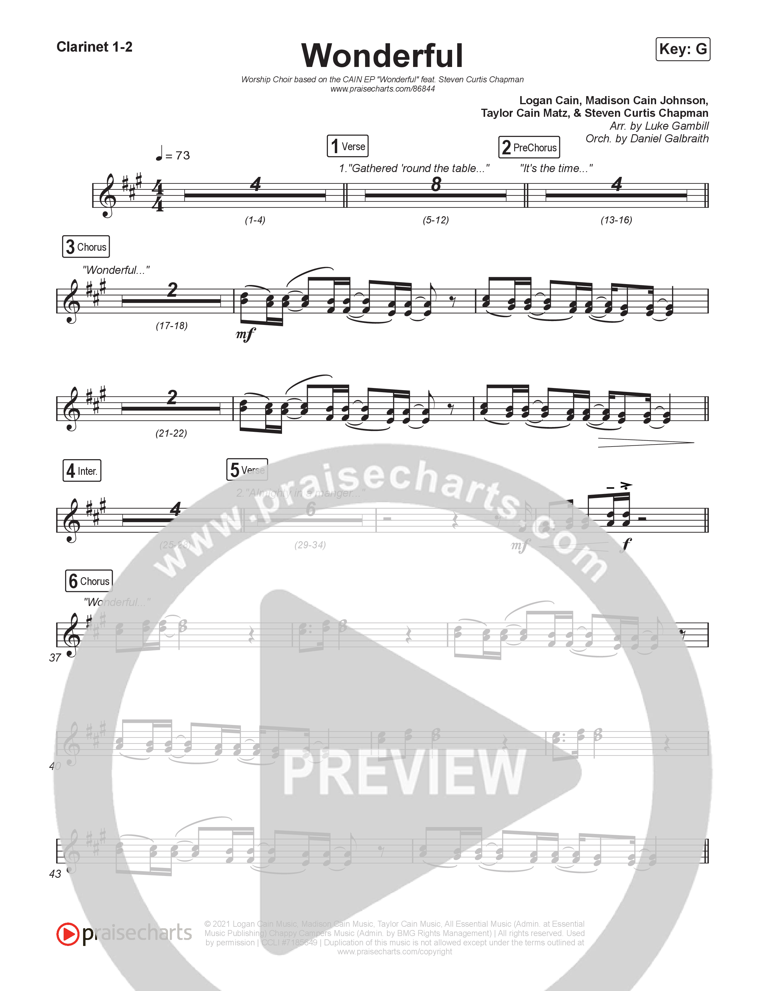 Wonderful (Worship Choir/SAB) Clarinet 1/2 (CAIN / Arr. Luke Gambill)