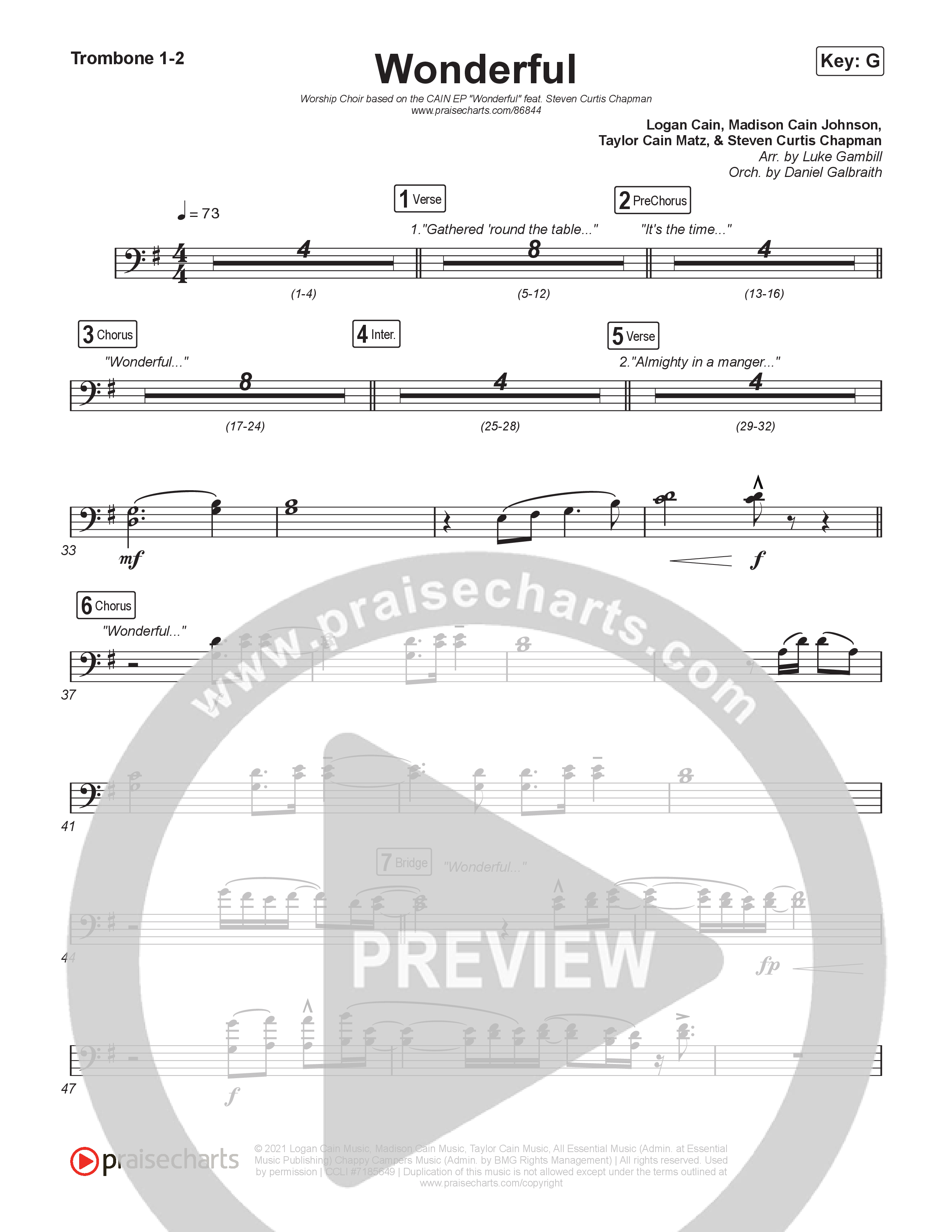 Wonderful (Worship Choir/SAB) Trombone 1/2 (CAIN / Arr. Luke Gambill)