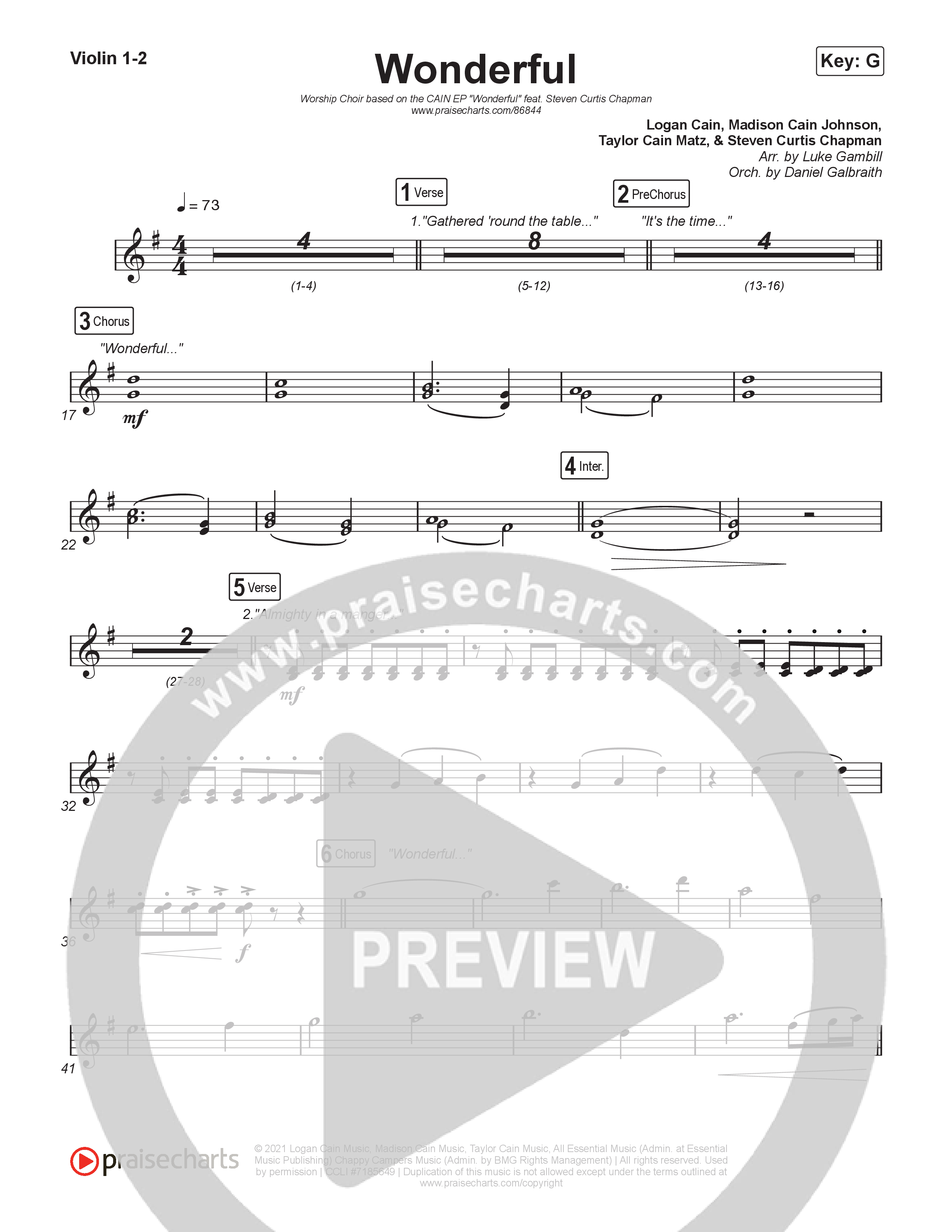 Wonderful (Worship Choir/SAB) Violin 1/2 (CAIN / Arr. Luke Gambill)