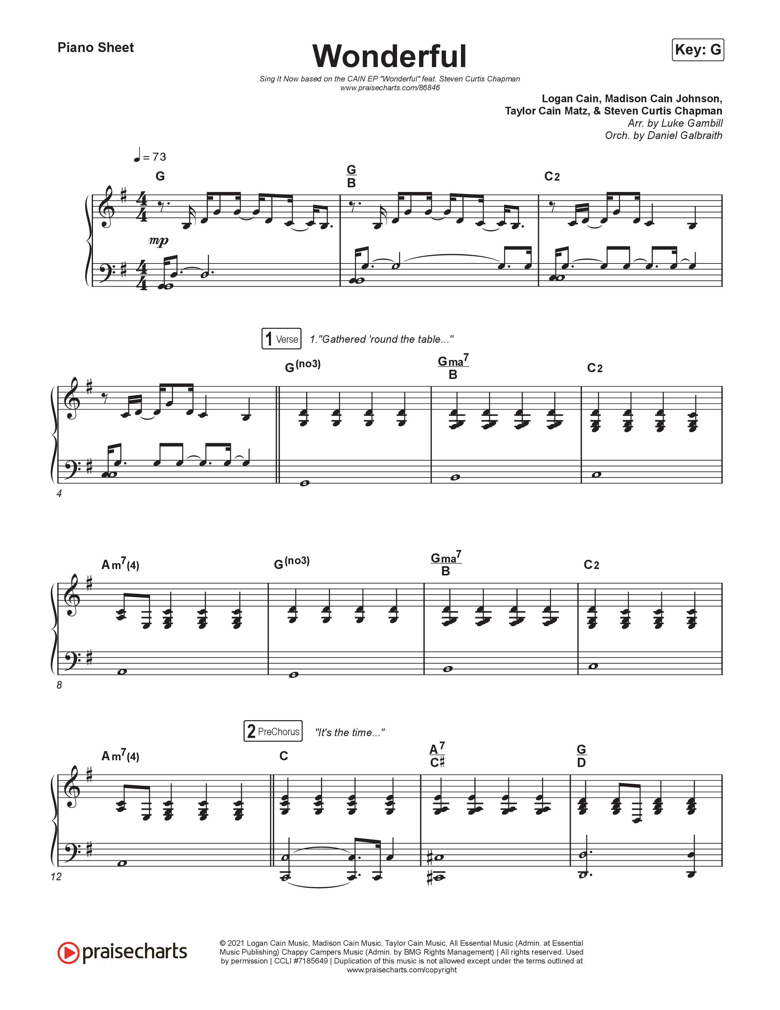 Wonderful (Sing It Now) Piano Sheet (CAIN / Arr. Luke Gambill)