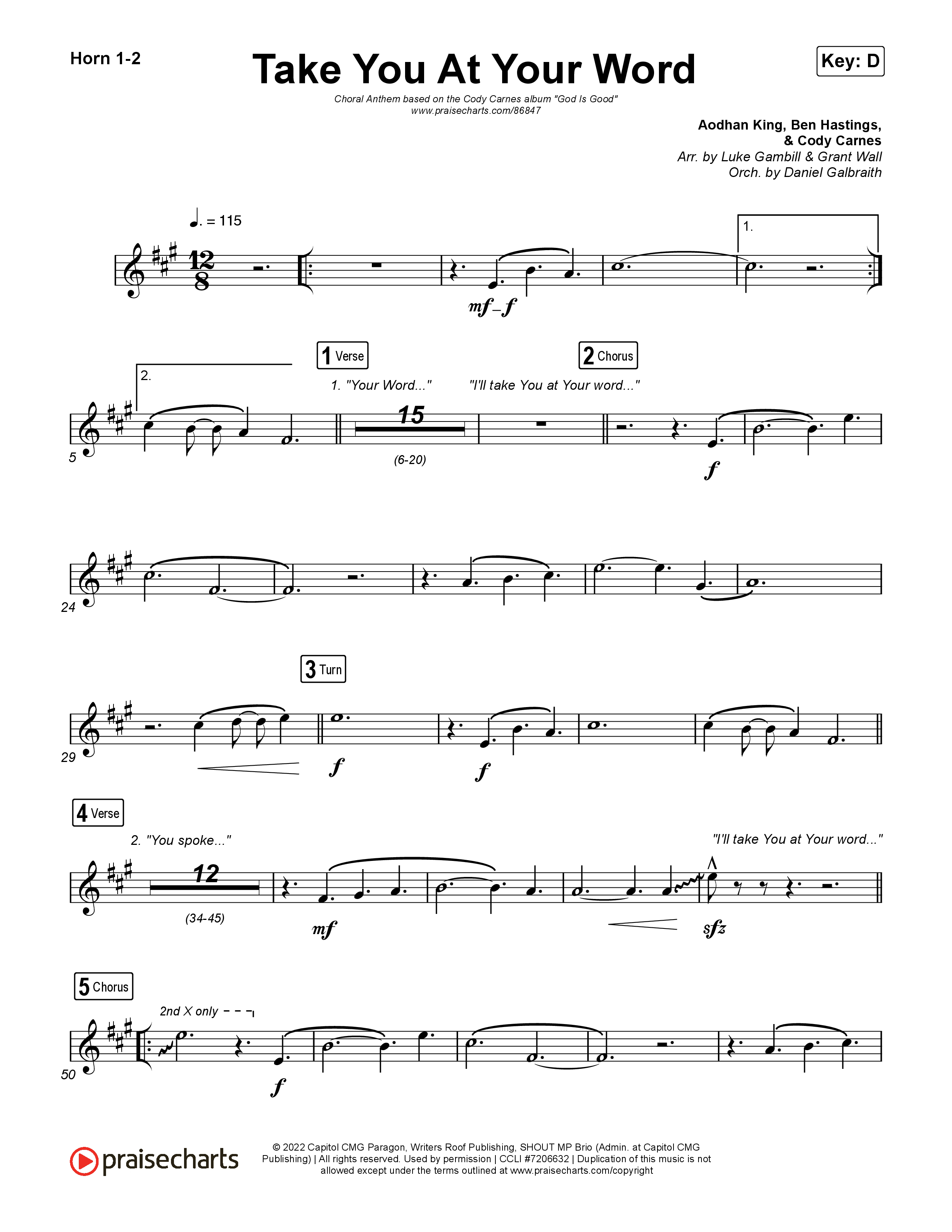 Take You At Your Word (Choral Anthem SATB) French Horn 1,2 (Cody Carnes / Benjamin William Hastings / Arr. Luke Gambill)