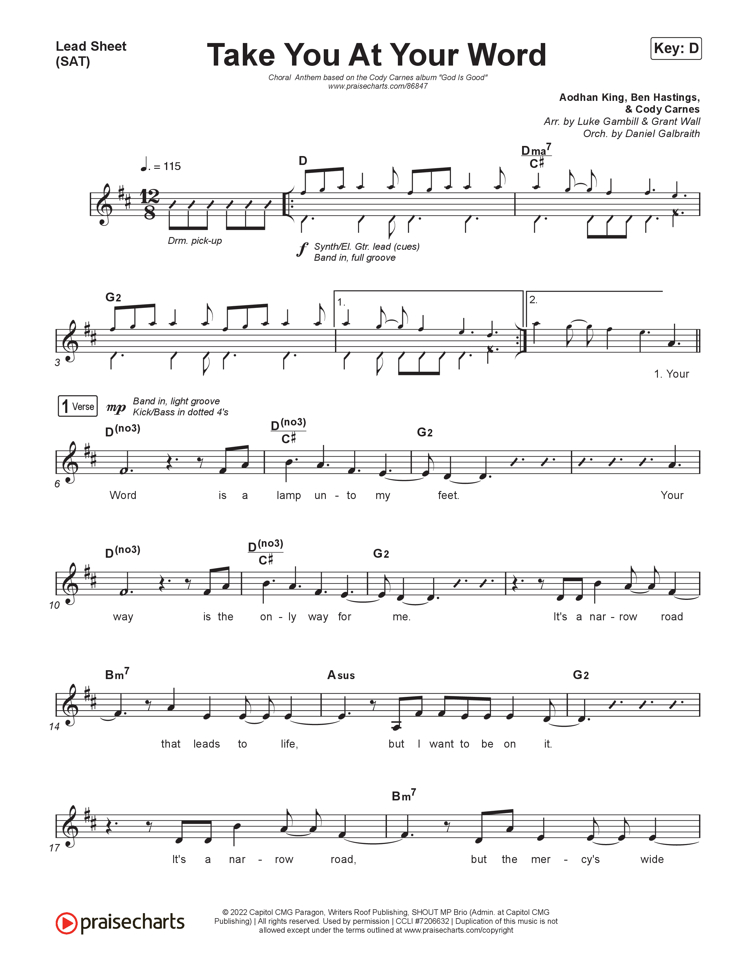 Take You At Your Word (Choral Anthem SATB) Lead Sheet (SAT) (Cody Carnes / Benjamin William Hastings / Arr. Luke Gambill)