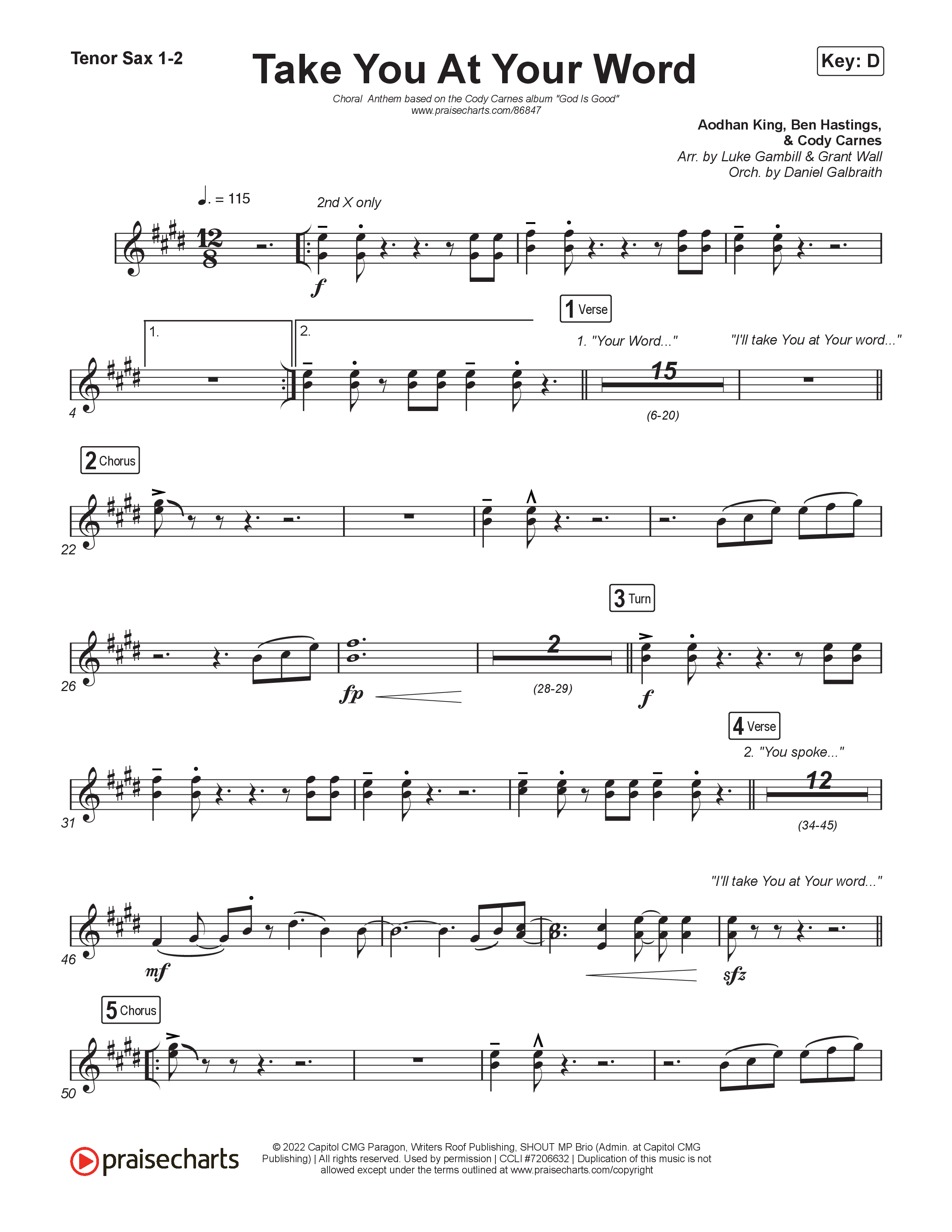 Take You At Your Word (Choral Anthem SATB) Tenor Sax 1,2 (Cody Carnes / Benjamin William Hastings / Arr. Luke Gambill)