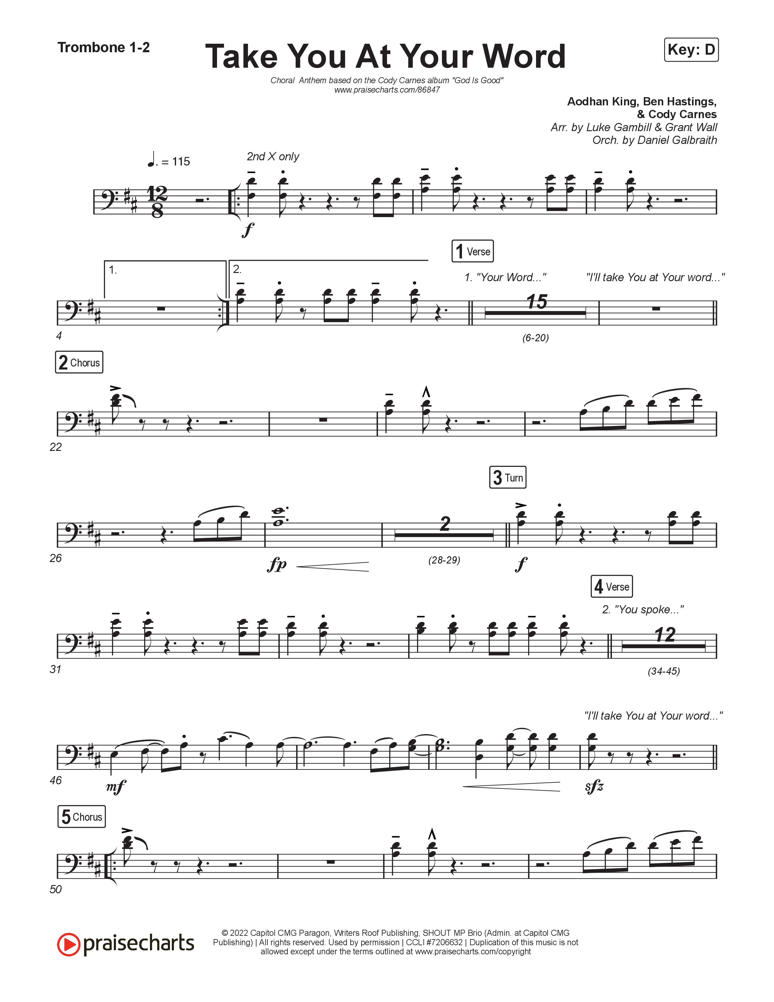 Take You At Your Word (Choral Anthem SATB) Trombone 1/2 (Cody Carnes / Benjamin William Hastings / Arr. Luke Gambill)