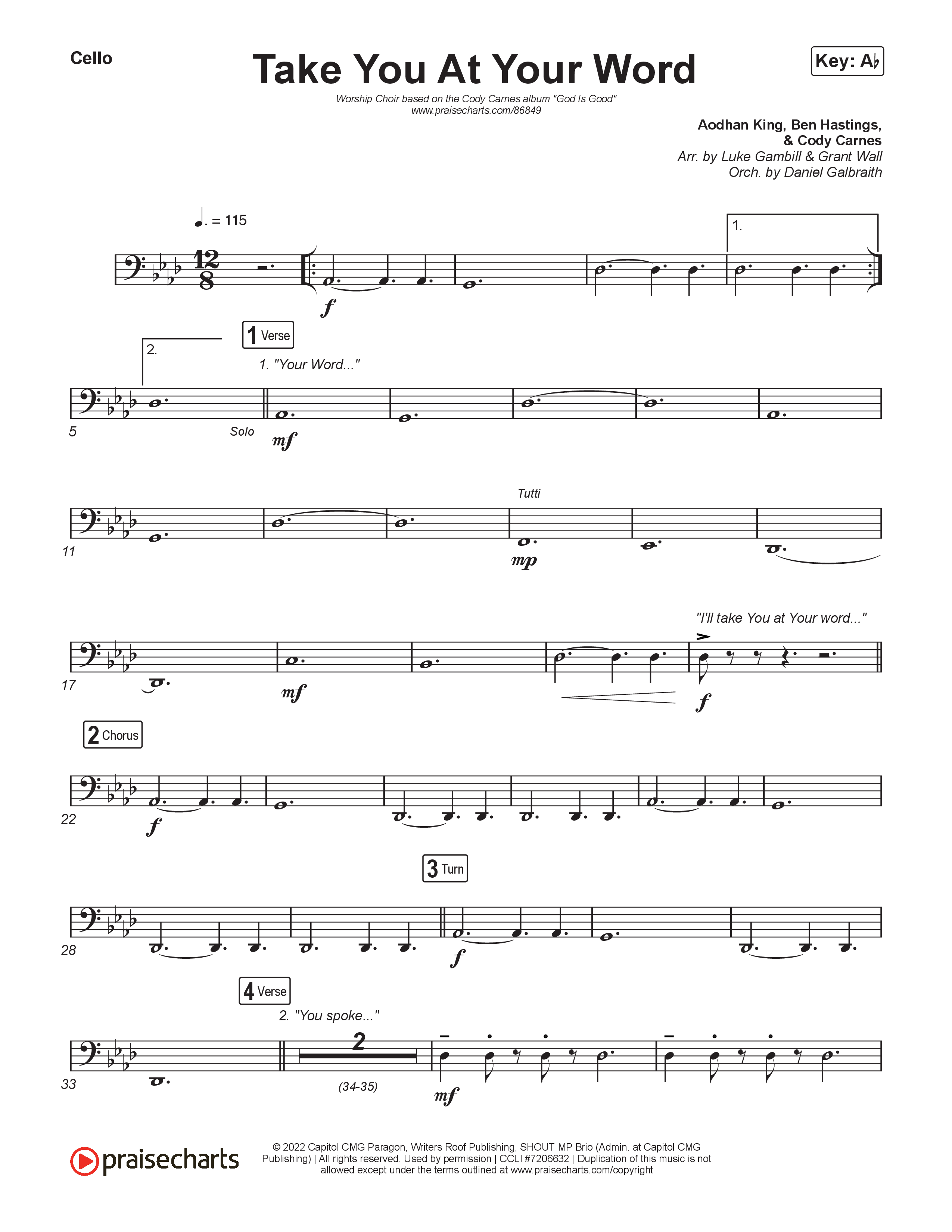 Take You At Your Word (Worship Choir/SAB) Cello (Cody Carnes / Benjamin William Hastings / Arr. Luke Gambill)