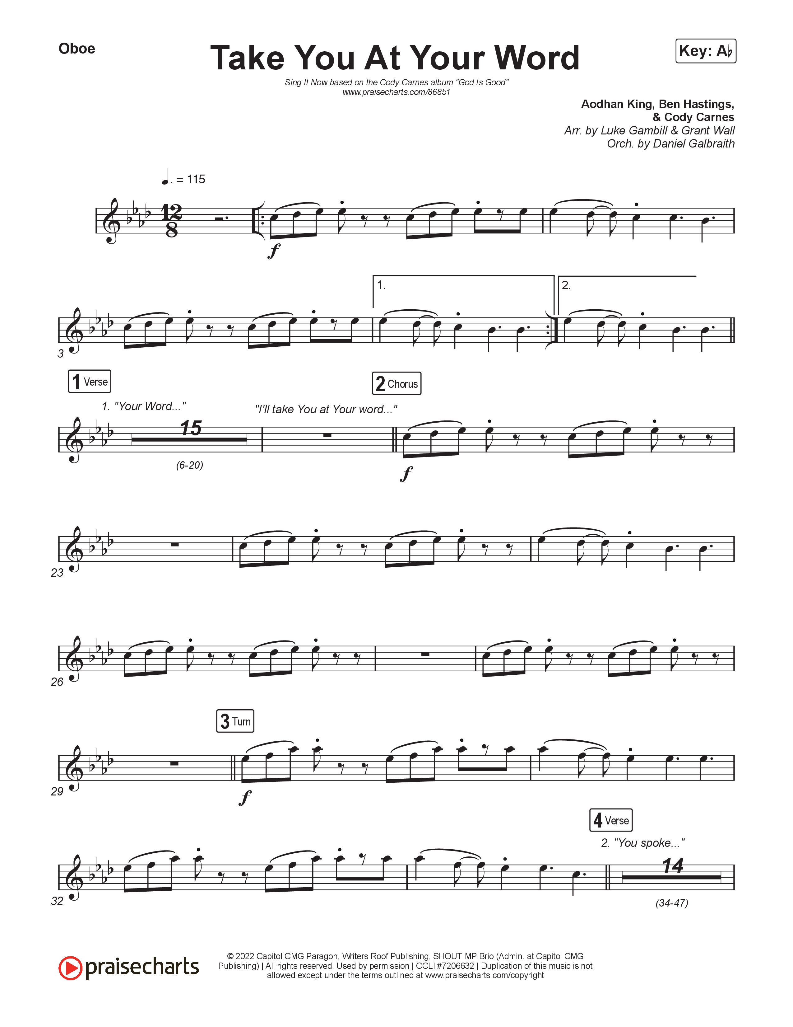 Take You At Your Word (Sing It Now) Oboe (Cody Carnes / Benjamin William Hastings / Arr. Luke Gambill)