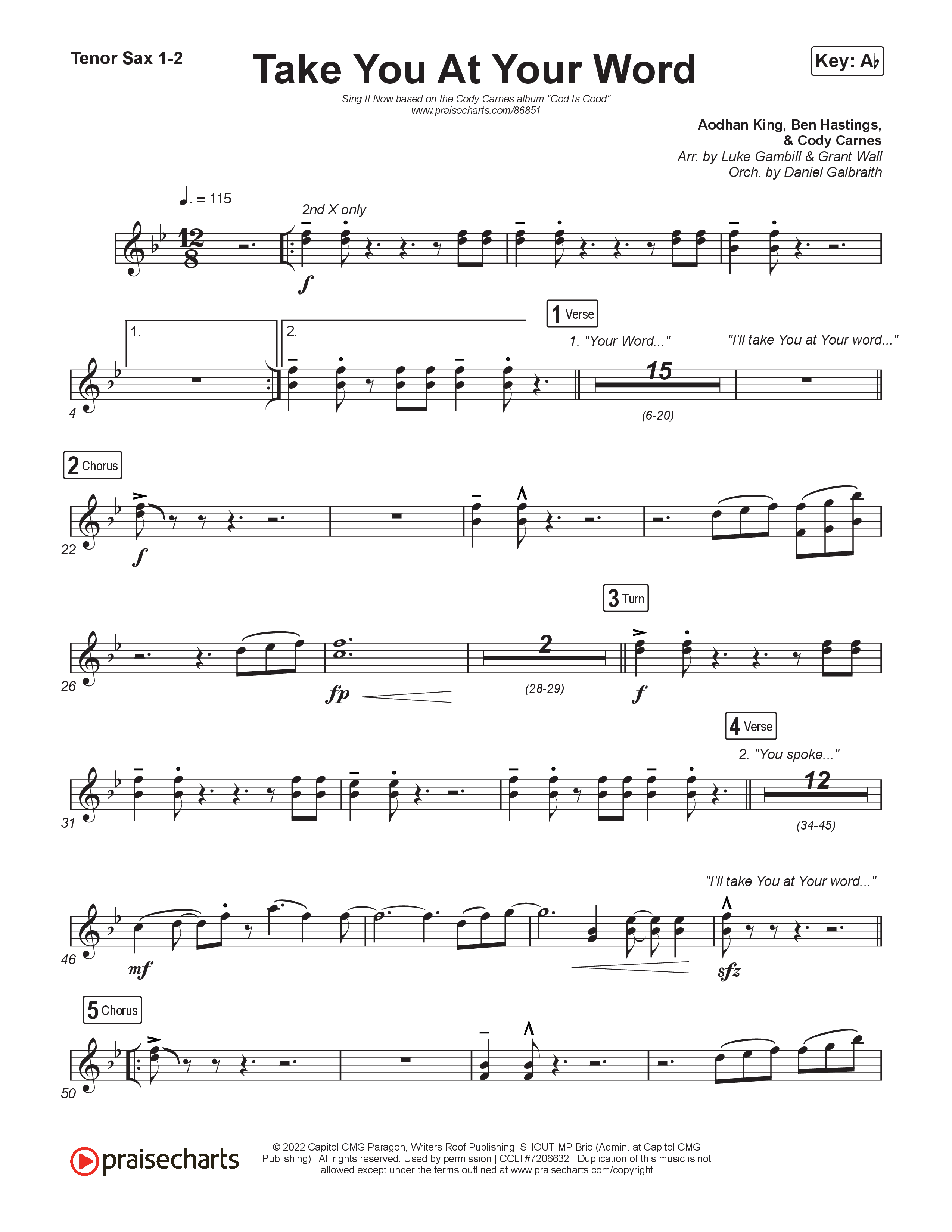 Take You At Your Word (Sing It Now) Tenor Sax 1/2 (Cody Carnes / Benjamin William Hastings / Arr. Luke Gambill)