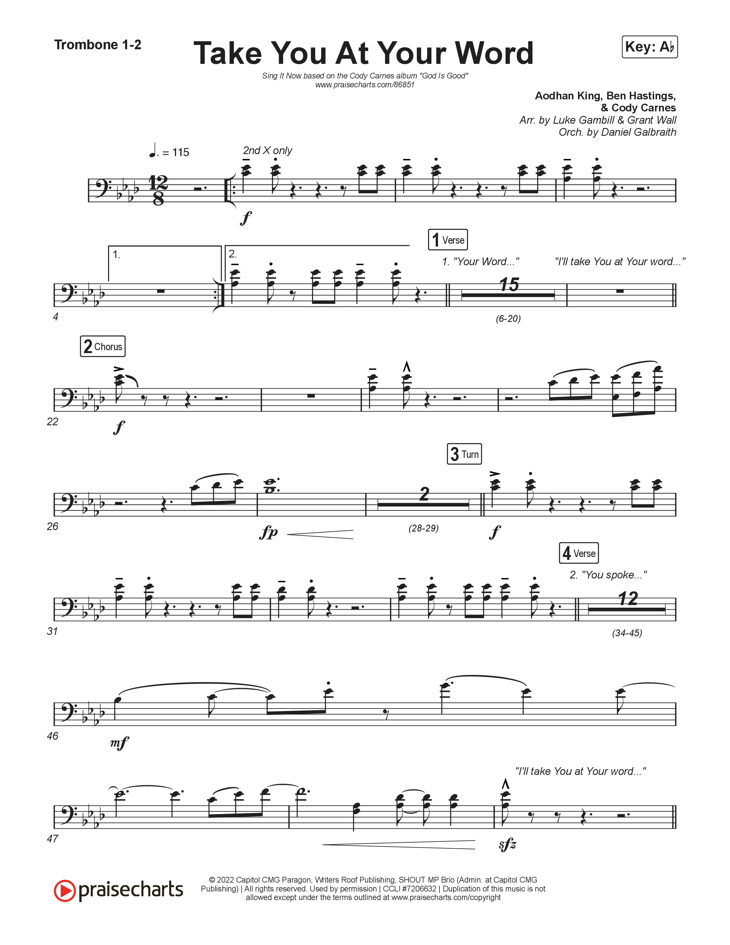 Take You At Your Word (Sing It Now) Trombone 1/2 (Cody Carnes / Benjamin William Hastings / Arr. Luke Gambill)