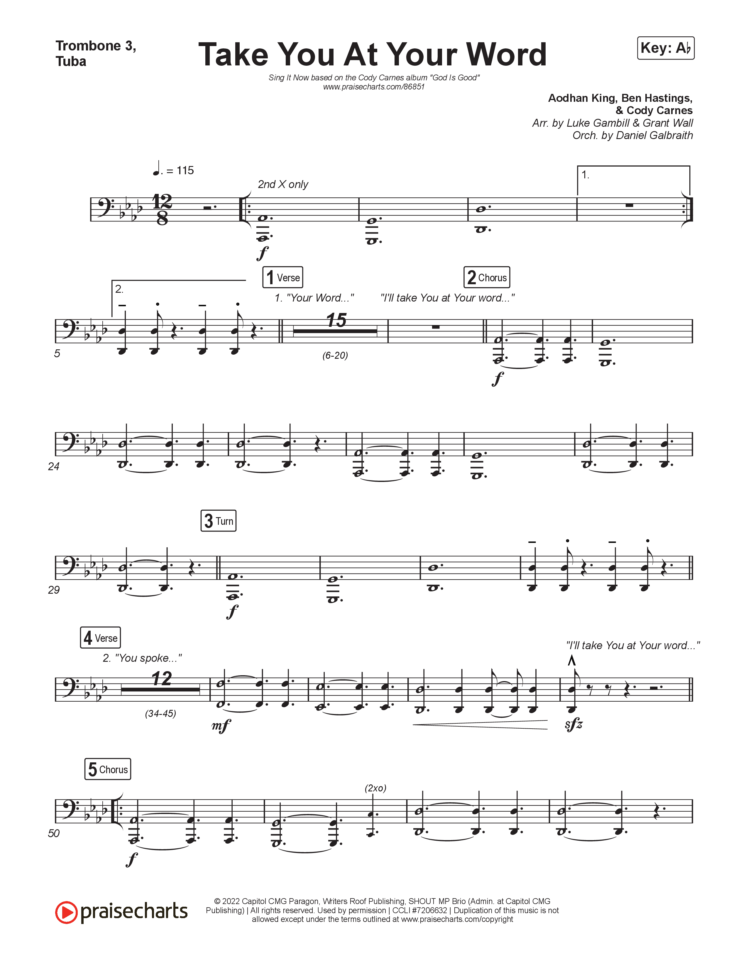 Take You At Your Word (Sing It Now) Trombone 3/Tuba (Cody Carnes / Benjamin William Hastings / Arr. Luke Gambill)