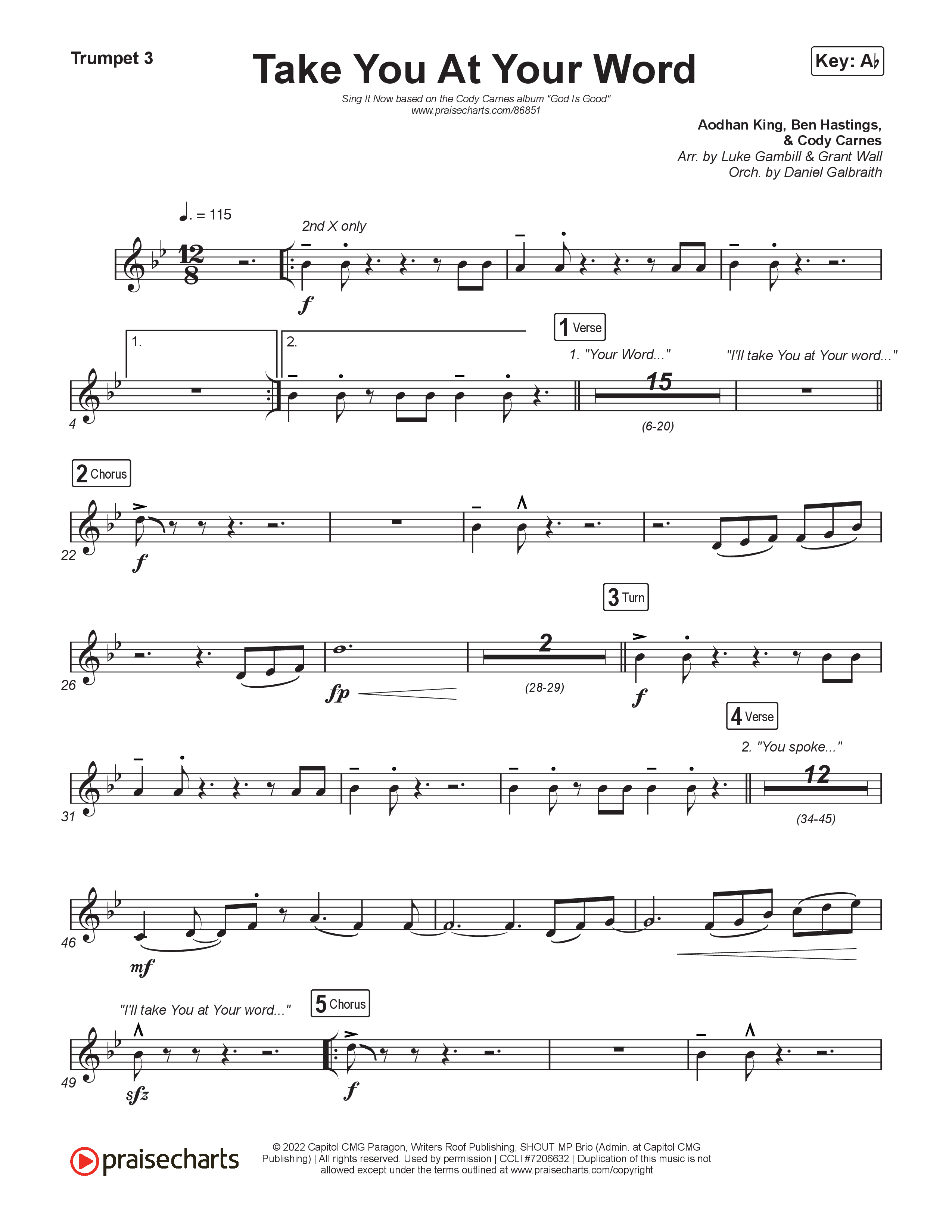Take You At Your Word (Sing It Now) Trumpet 3 (Cody Carnes / Benjamin William Hastings / Arr. Luke Gambill)