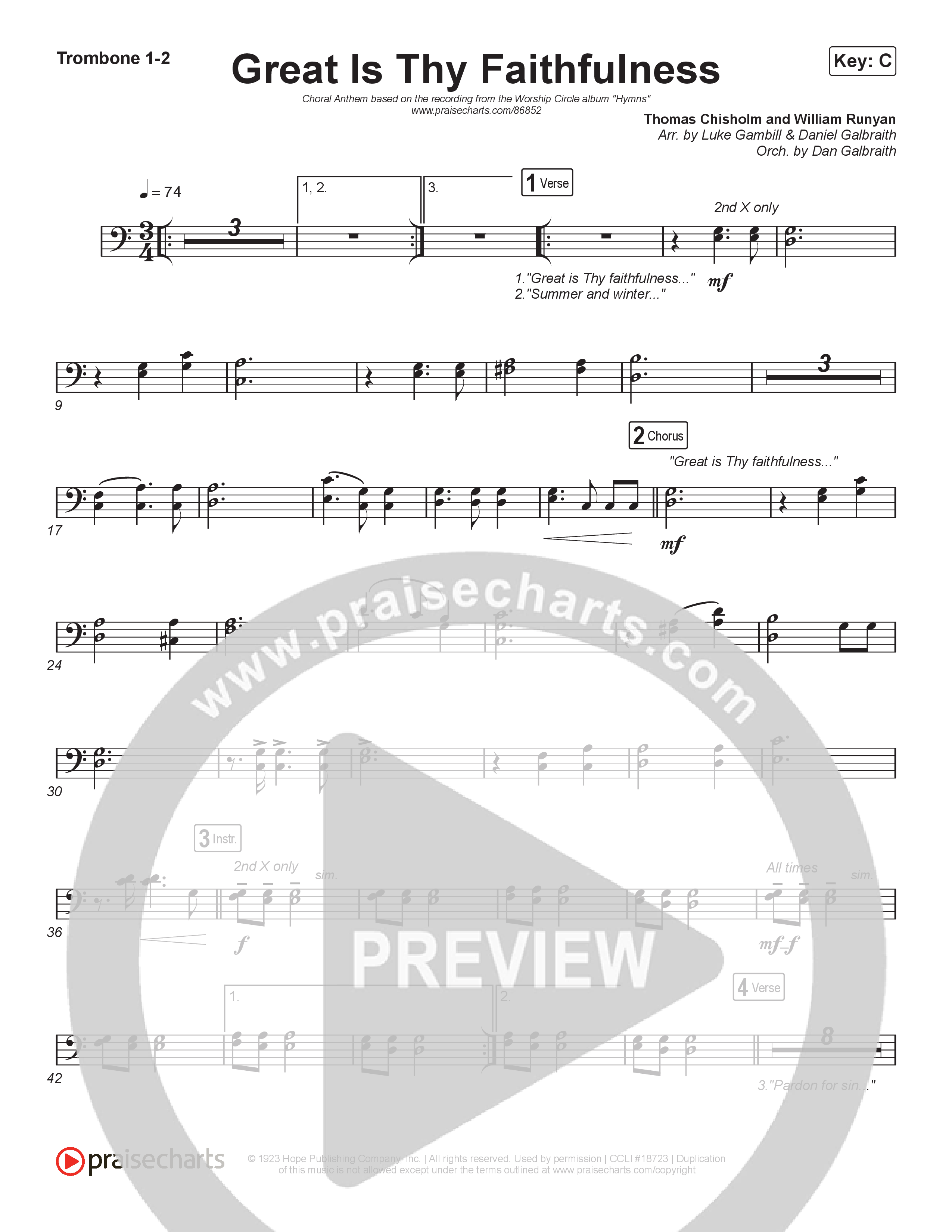 Great Is Thy Faithfulness (Choral Anthem SATB) Trombone 1,2 (Christy Nockels / Arr. Luke Gambill)