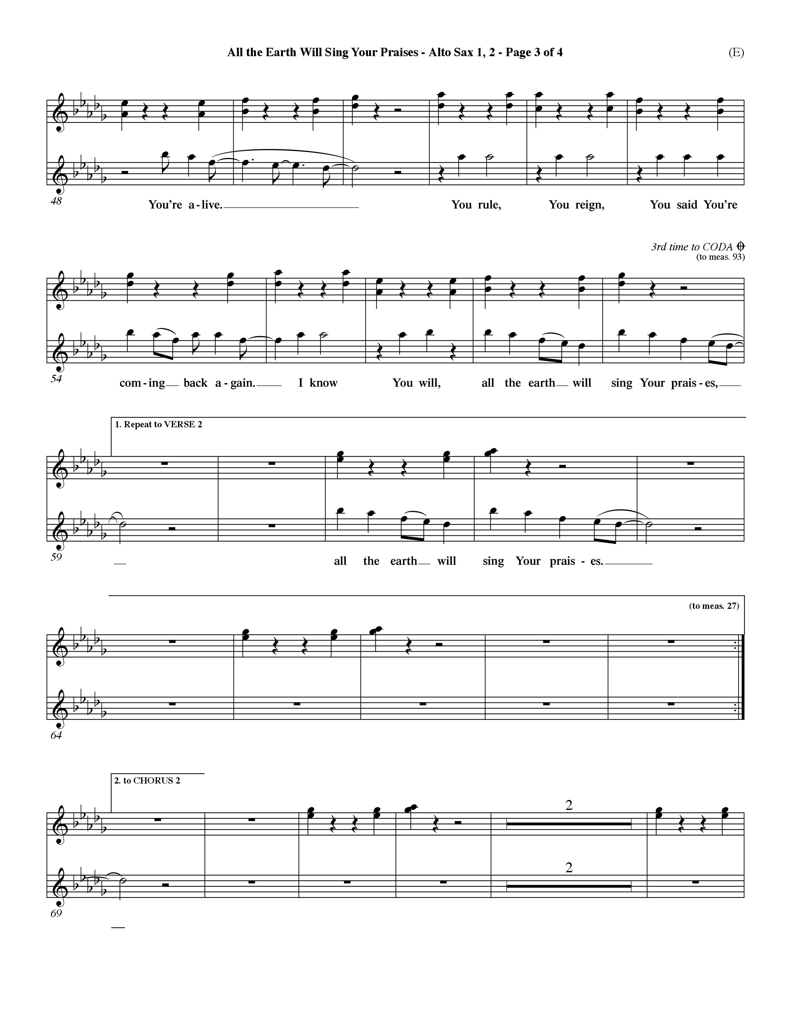 All The Earth Will Sing Your Praises (Choral Anthem SATB) Alto Sax 1/2 (Word Music Choral / Orch. Paul Nelson)
