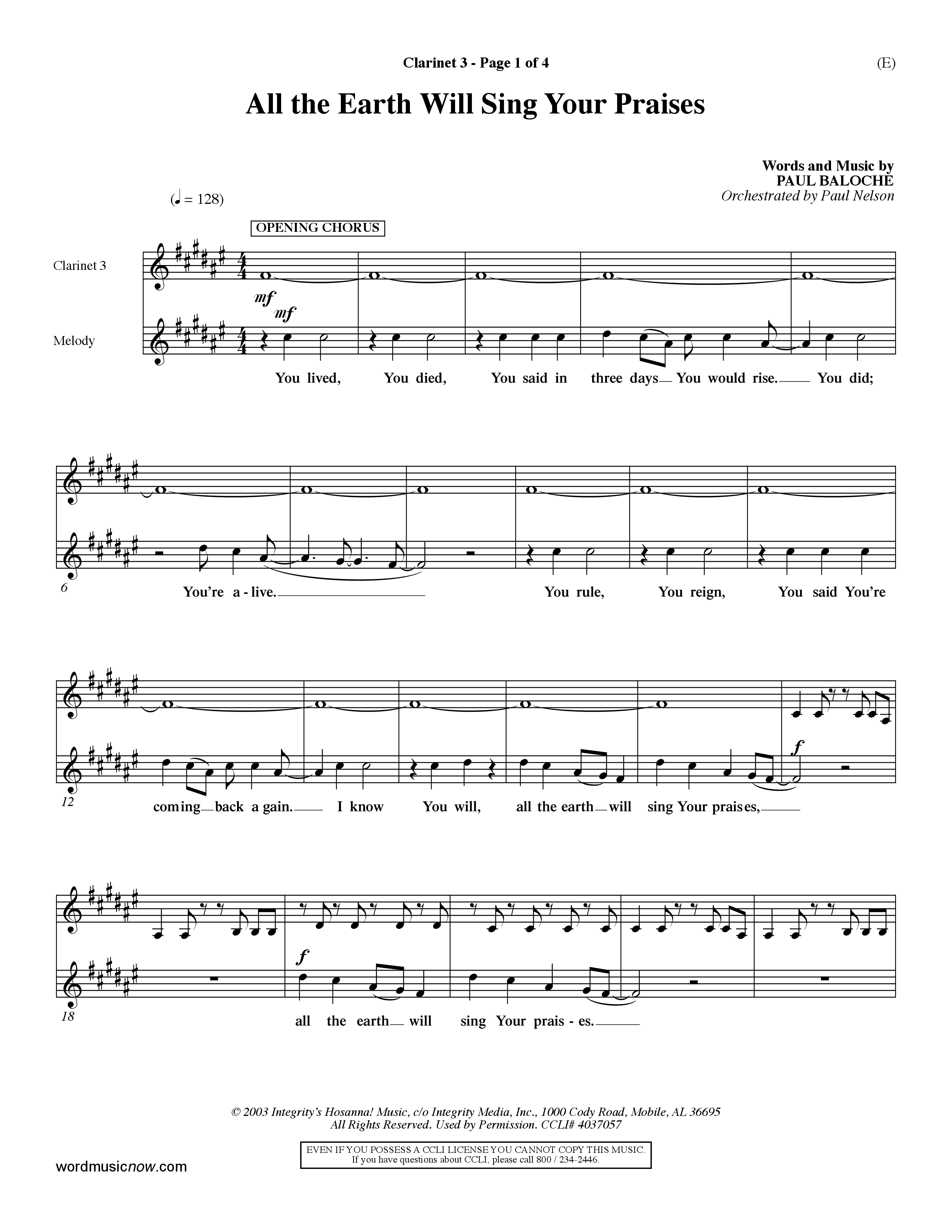 All The Earth Will Sing Your Praises (Choral Anthem SATB) Clarinet 3 (Word Music Choral / Orch. Paul Nelson)