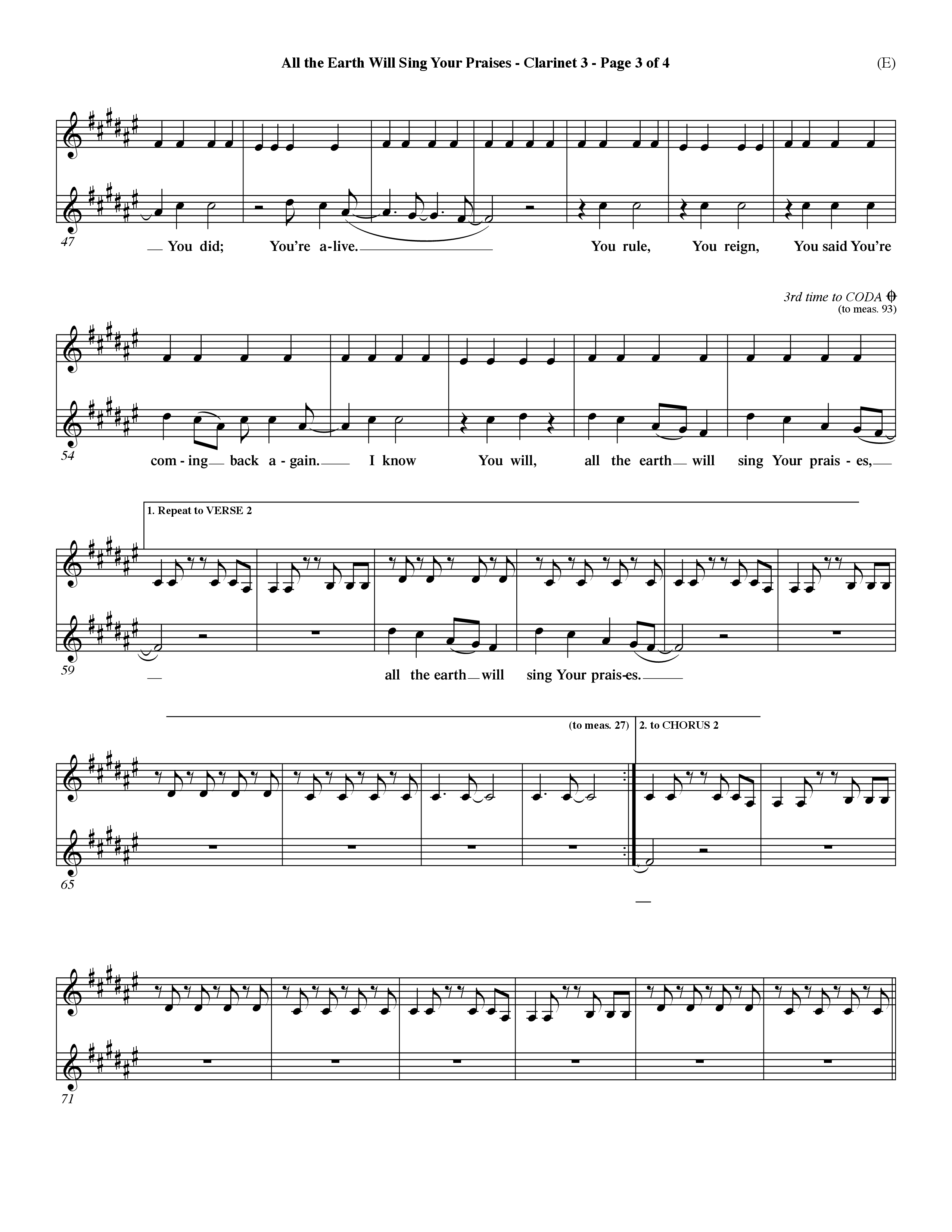 All The Earth Will Sing Your Praises (Choral Anthem SATB) Clarinet 3 (Word Music Choral / Orch. Paul Nelson)