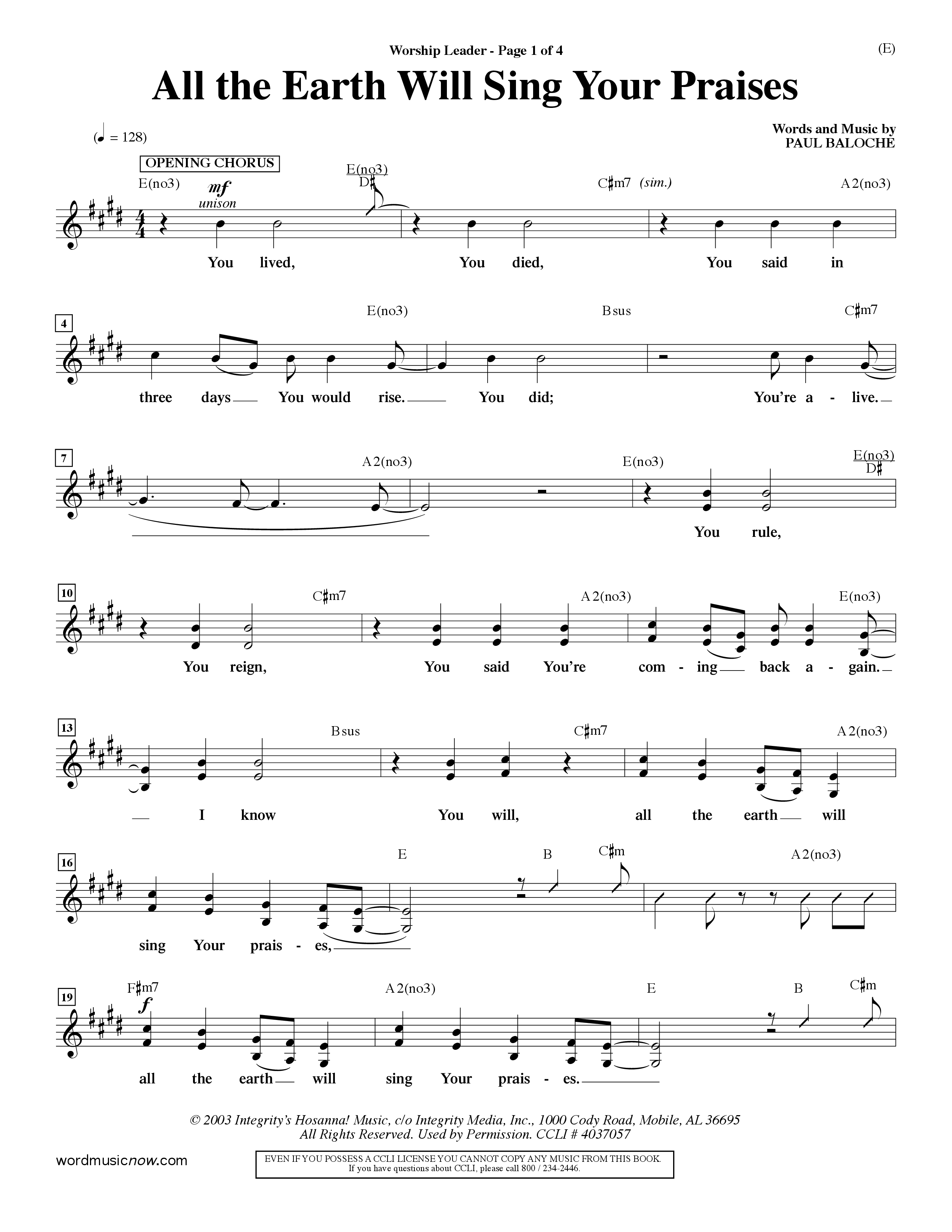 All The Earth Will Sing Your Praises (Choral Anthem SATB) Lead Sheet (Mel) (Word Music Choral / Orch. Paul Nelson)