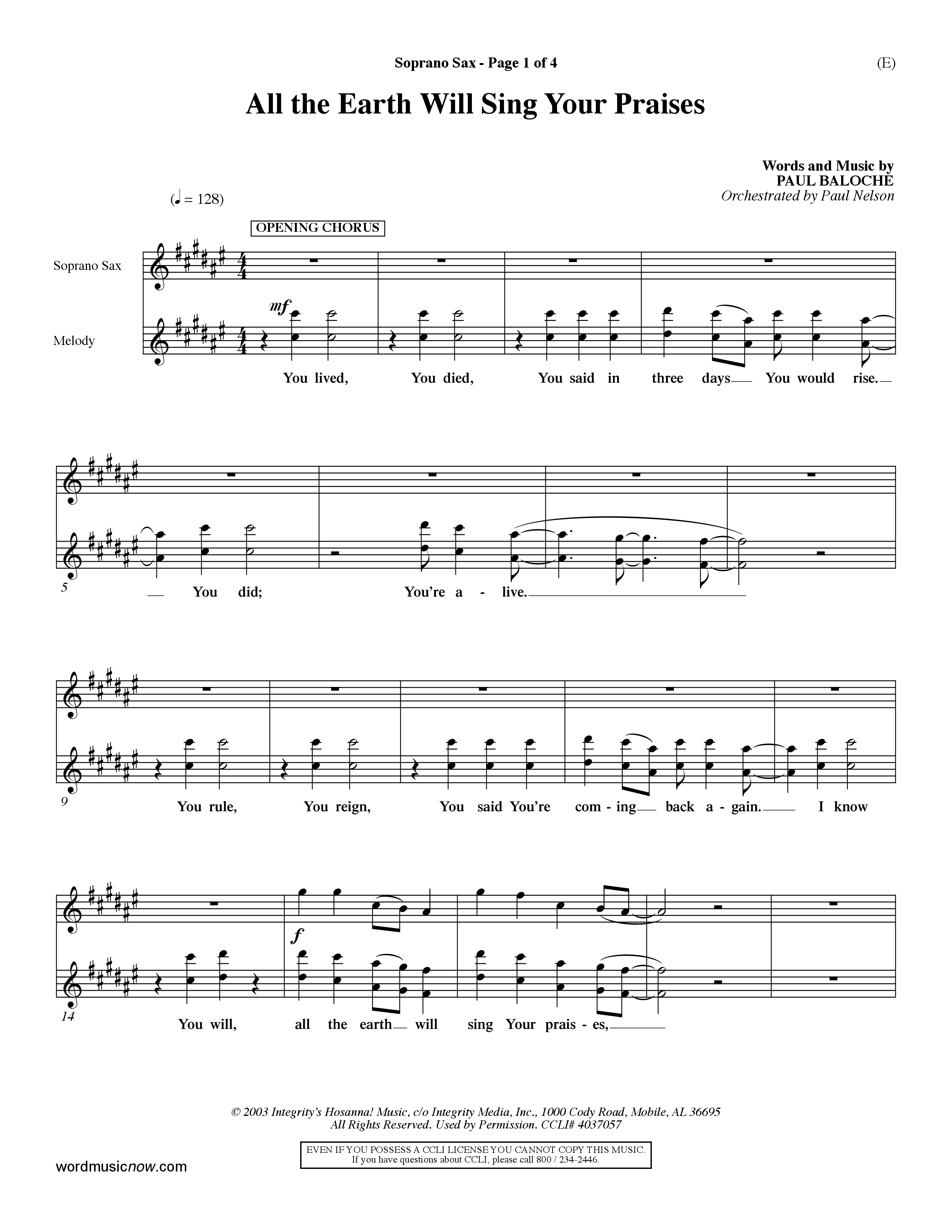 All The Earth Will Sing Your Praises (Choral Anthem SATB) Saxophone (Word Music Choral / Orch. Paul Nelson)