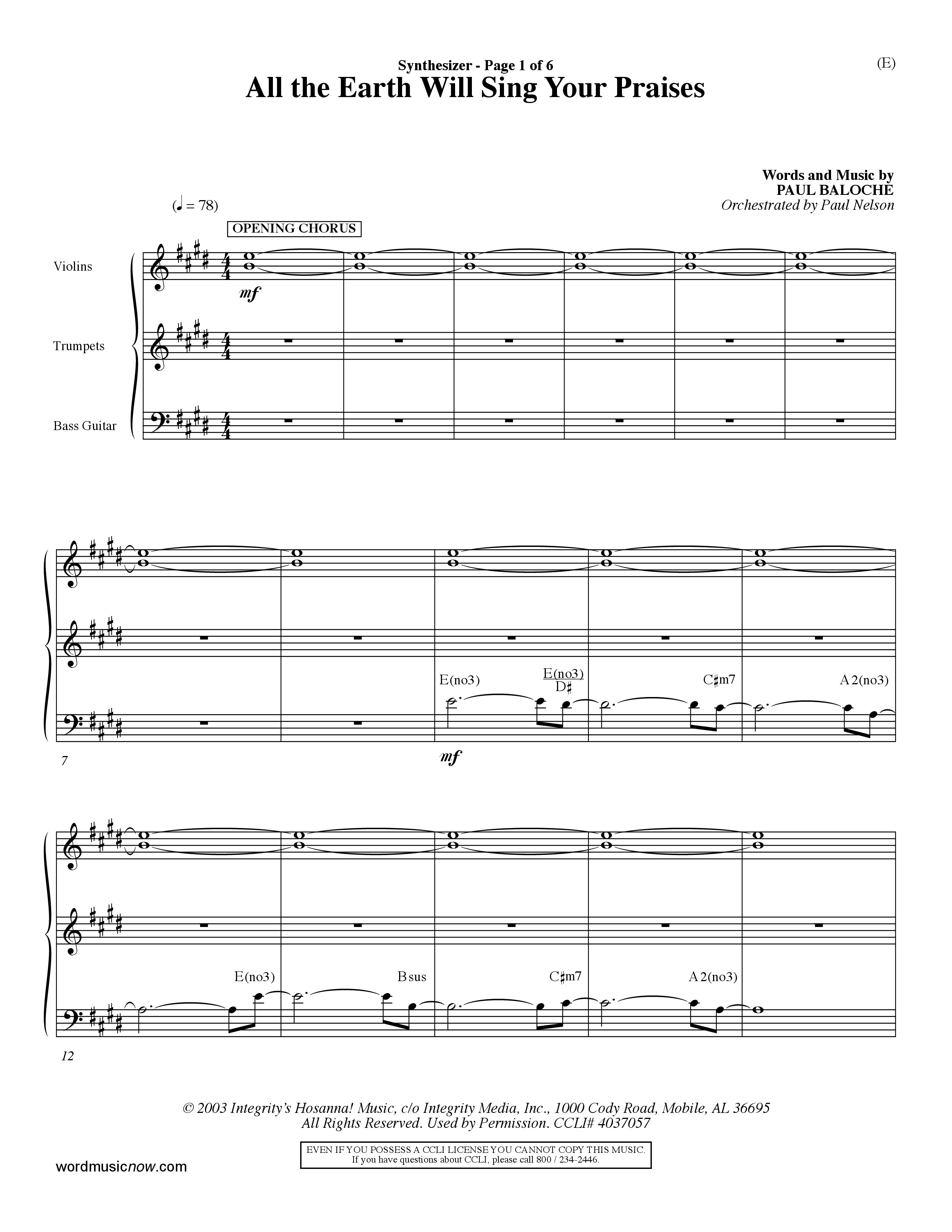 All The Earth Will Sing Your Praises (Choral Anthem SATB) Synth (Word Music Choral / Orch. Paul Nelson)