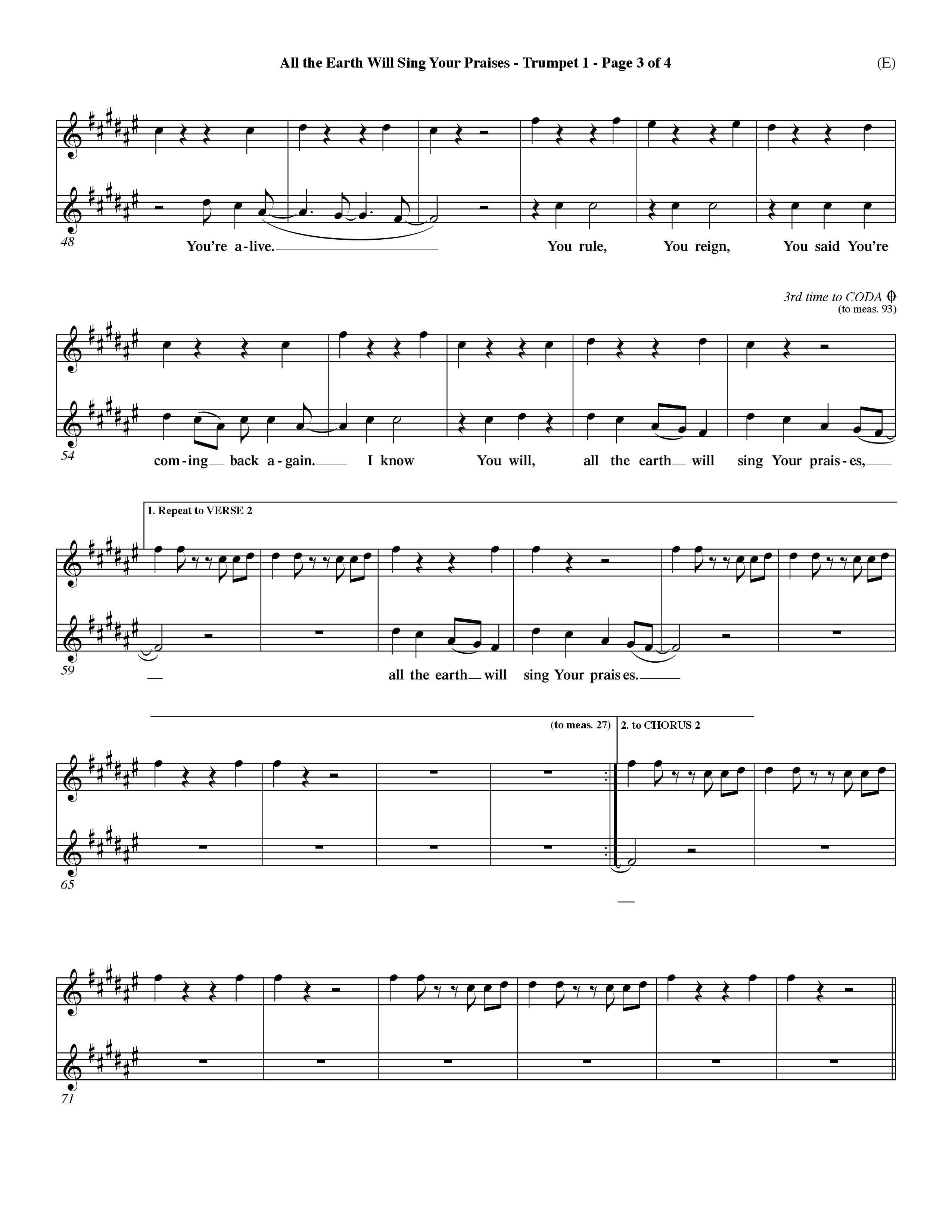 All The Earth Will Sing Your Praises (Choral Anthem SATB) Trumpet 1 (Word Music Choral / Orch. Paul Nelson)