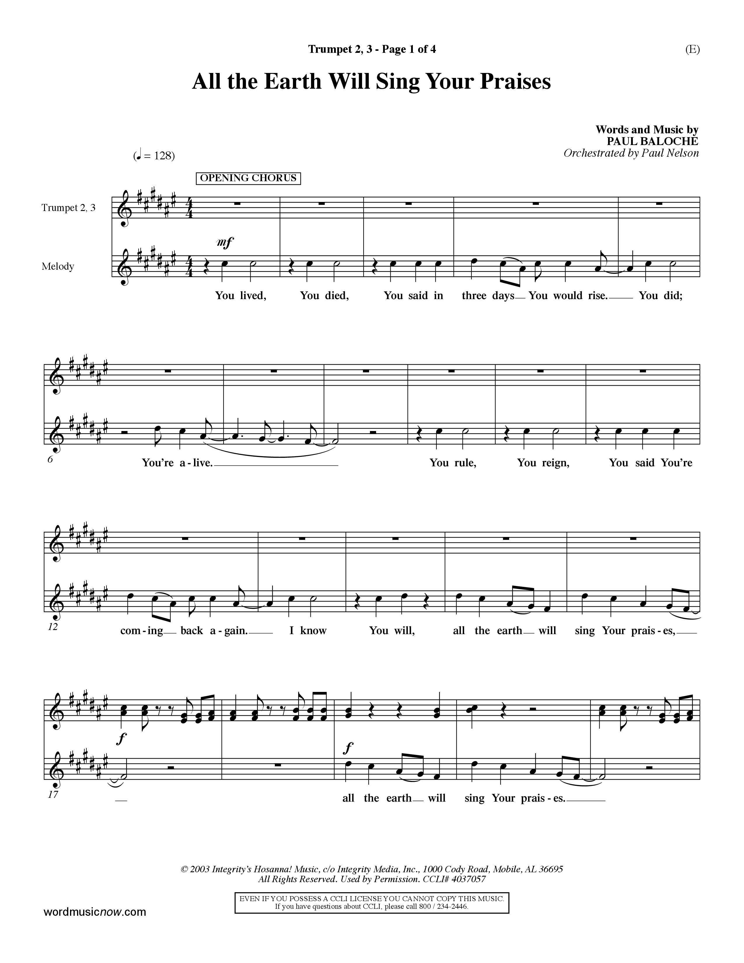 All The Earth Will Sing Your Praises (Choral Anthem SATB) Trumpet 2/3 (Word Music Choral / Orch. Paul Nelson)