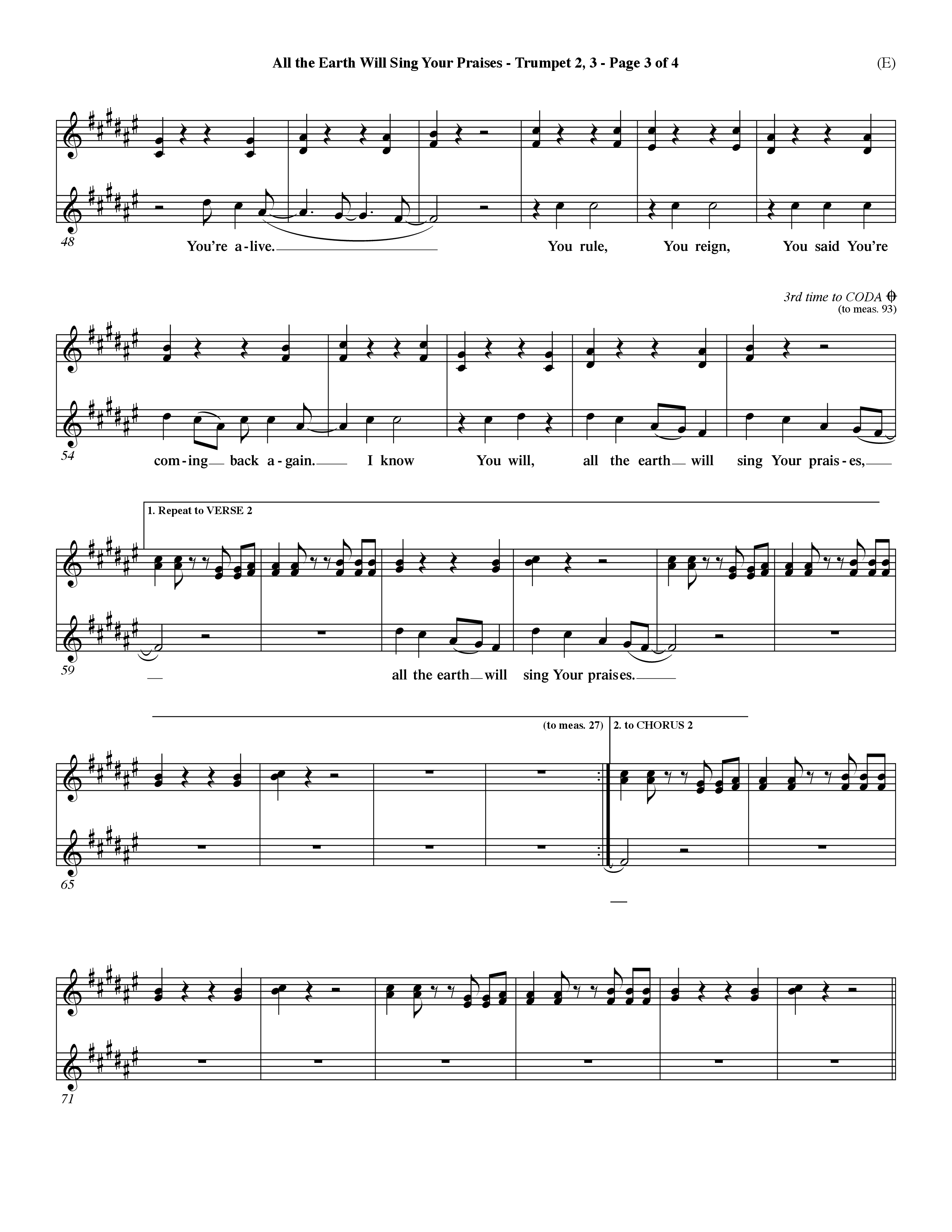 All The Earth Will Sing Your Praises (Choral Anthem SATB) Trumpet 2/3 (Word Music Choral / Orch. Paul Nelson)