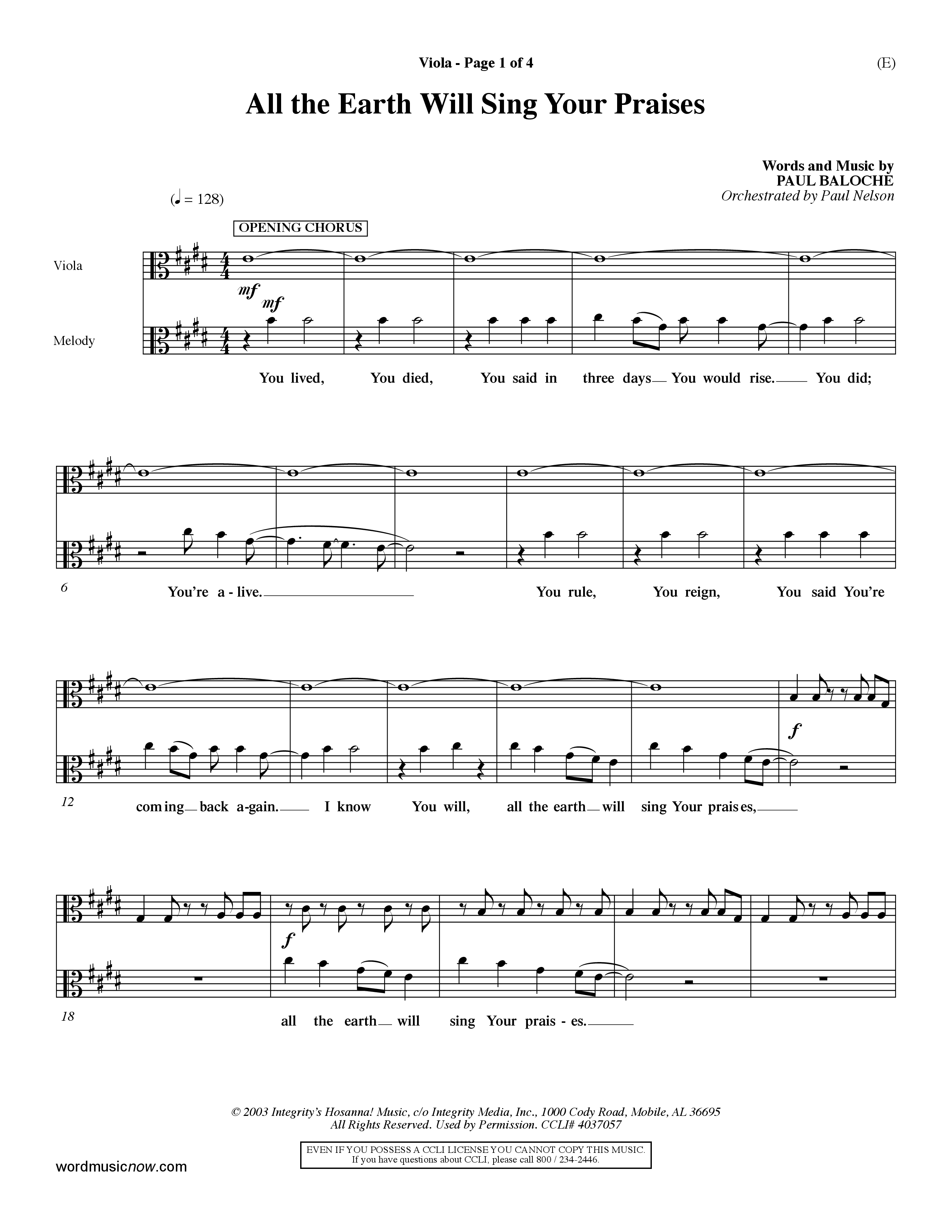All The Earth Will Sing Your Praises (Choral Anthem SATB) Viola (Word Music Choral / Orch. Paul Nelson)