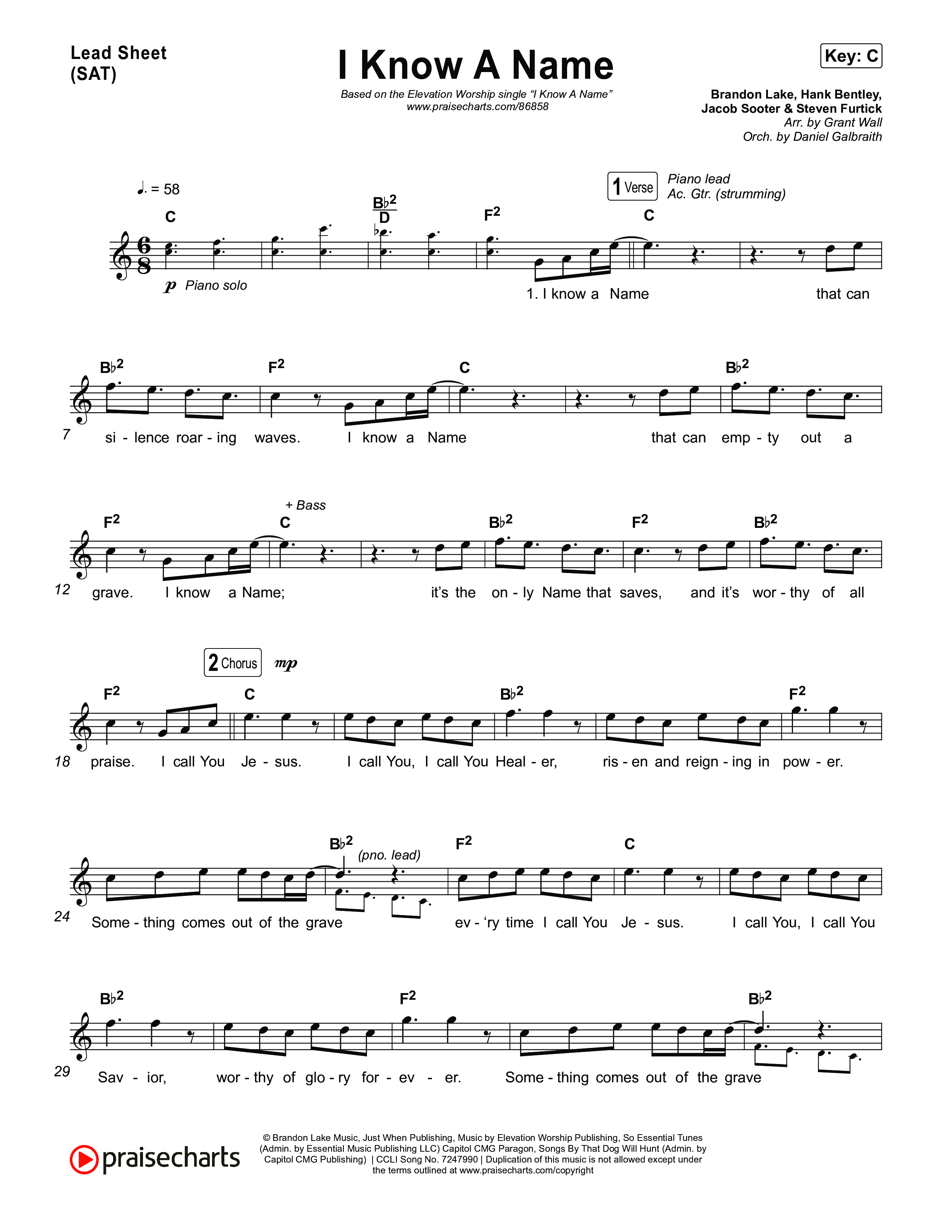 I Know A Name Lead Sheet (SAT) (Elevation Worship / Chris Brown / Brandon Lake)
