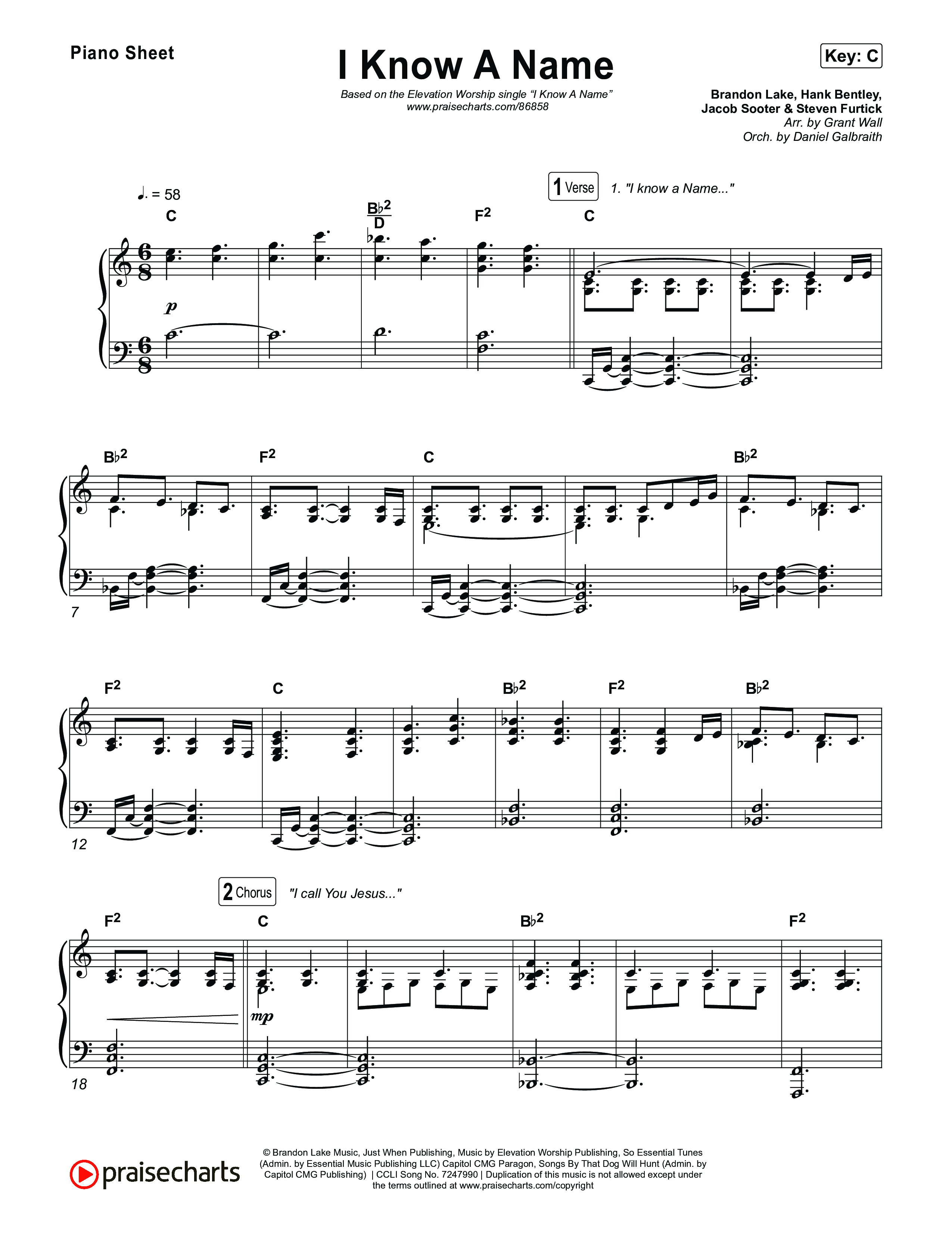 I Know A Name Piano Sheet (Elevation Worship / Chris Brown / Brandon Lake)