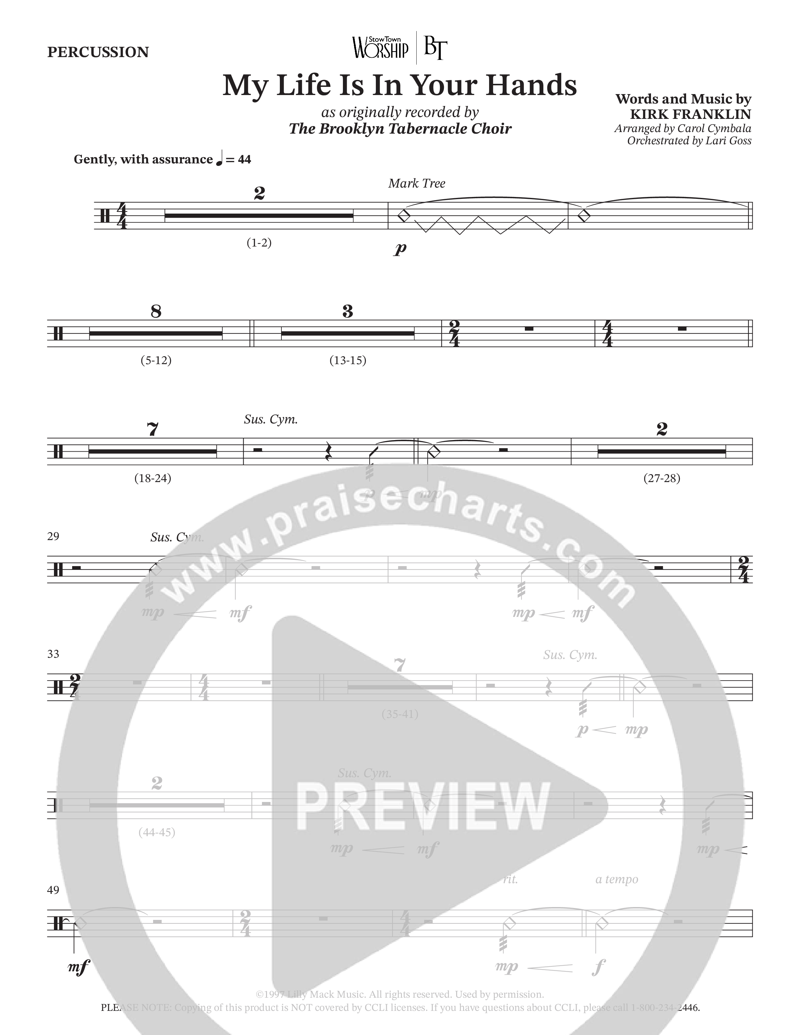 My Life Is In Your Hands (Choral Anthem SATB) Percussion (The Brooklyn Tabernacle Choir / Arr. Carol Cymbala / Orch. Lari Goss)