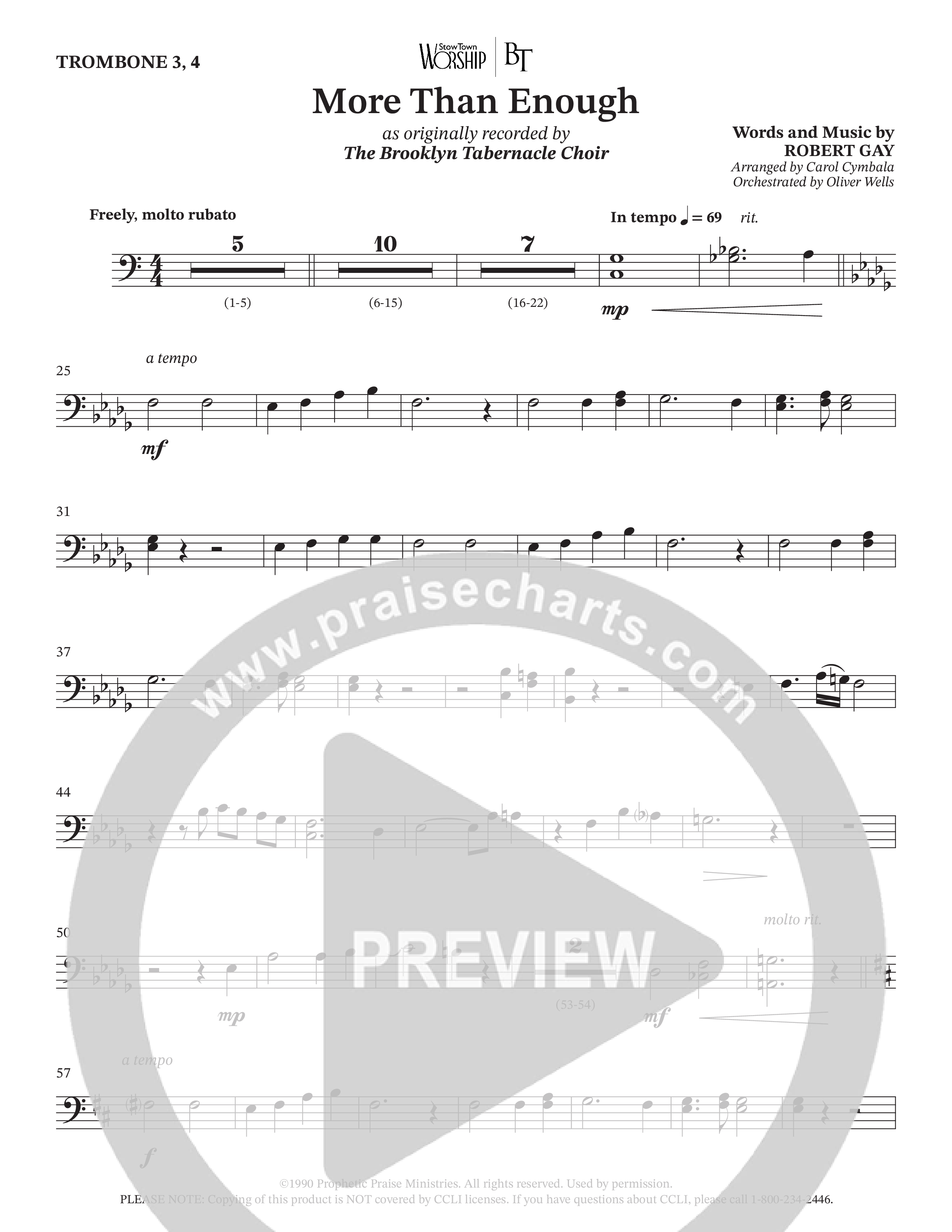 More Than Enough (Choral Anthem SATB) Trombone 3/4 (The Brooklyn Tabernacle Choir / Arr. Carol Cymbala / Orch. Oliver Wells)