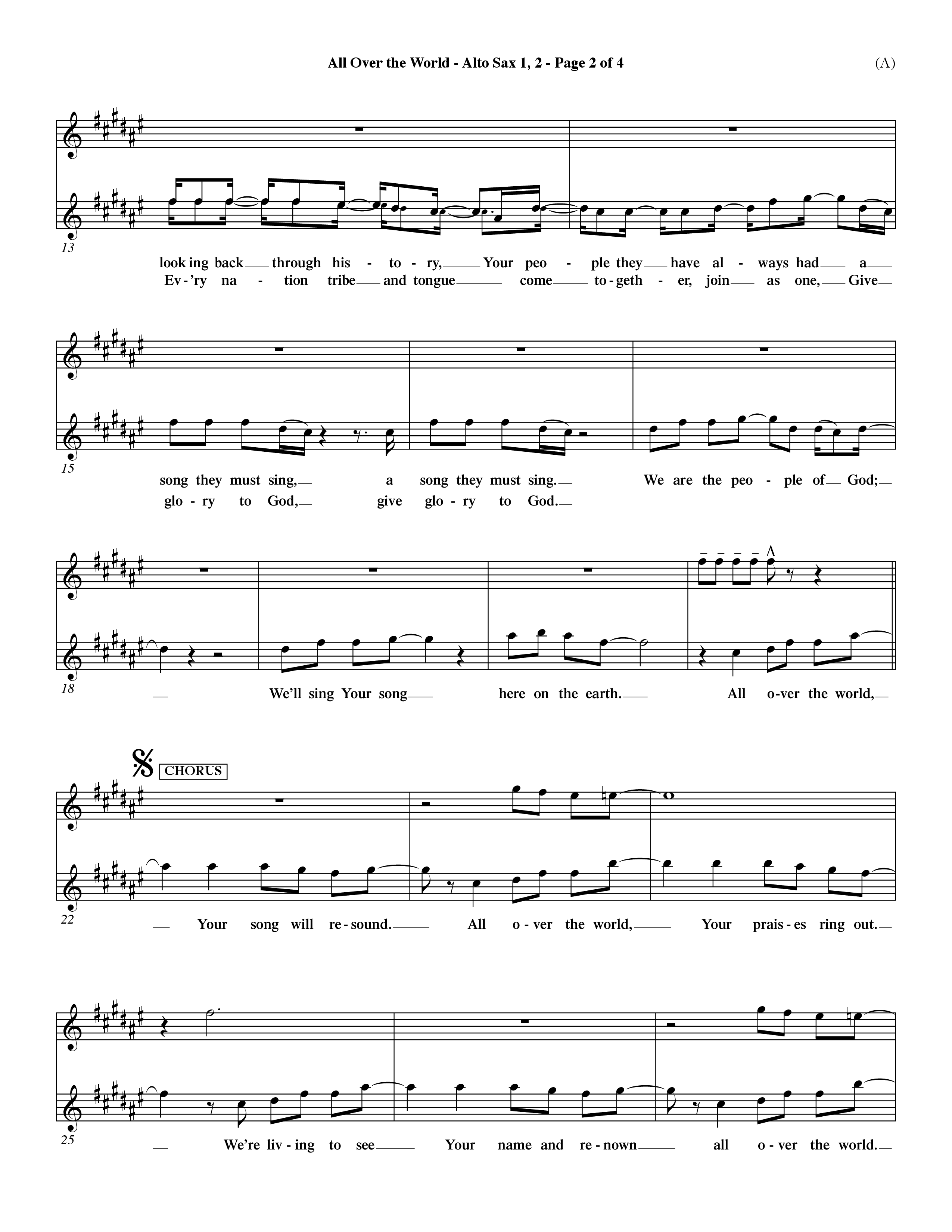 All Over The World (Choral Anthem SATB) Alto Sax 1/2 (Word Music Choral / Orch. Dave Williamson)