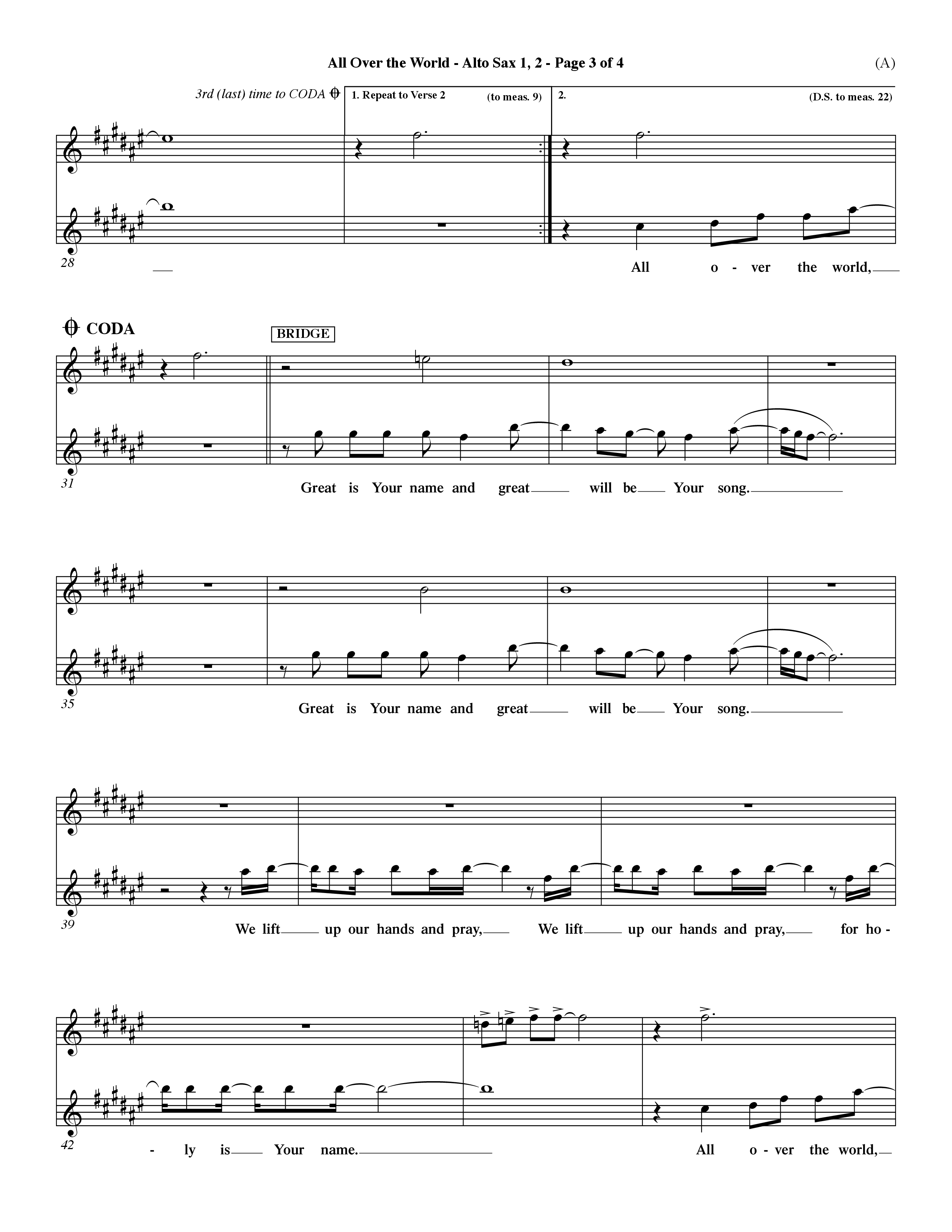 All Over The World (Choral Anthem SATB) Alto Sax 1/2 (Word Music Choral / Orch. Dave Williamson)