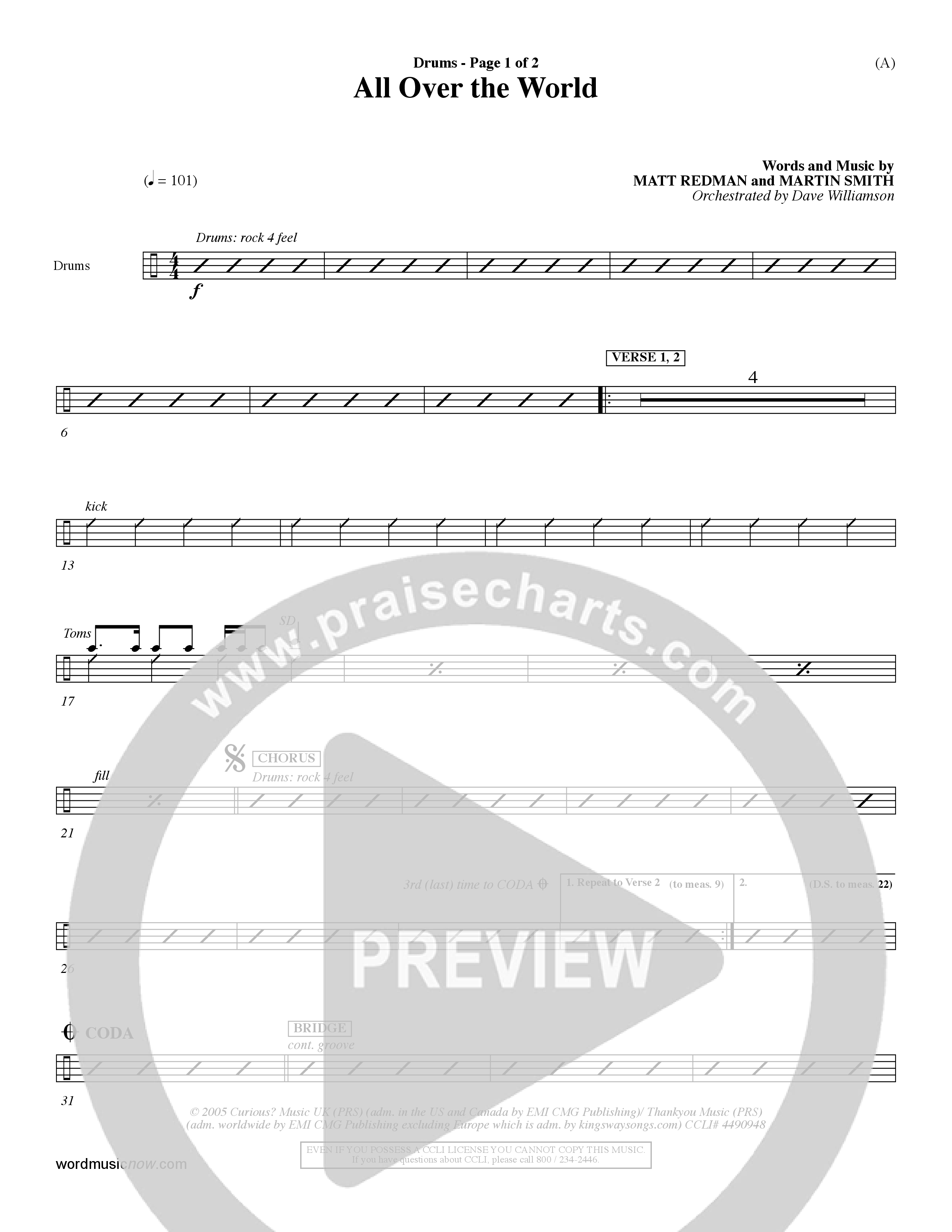 All Over The World (Choral Anthem SATB) Drum Set (Word Music Choral / Orch. Dave Williamson)