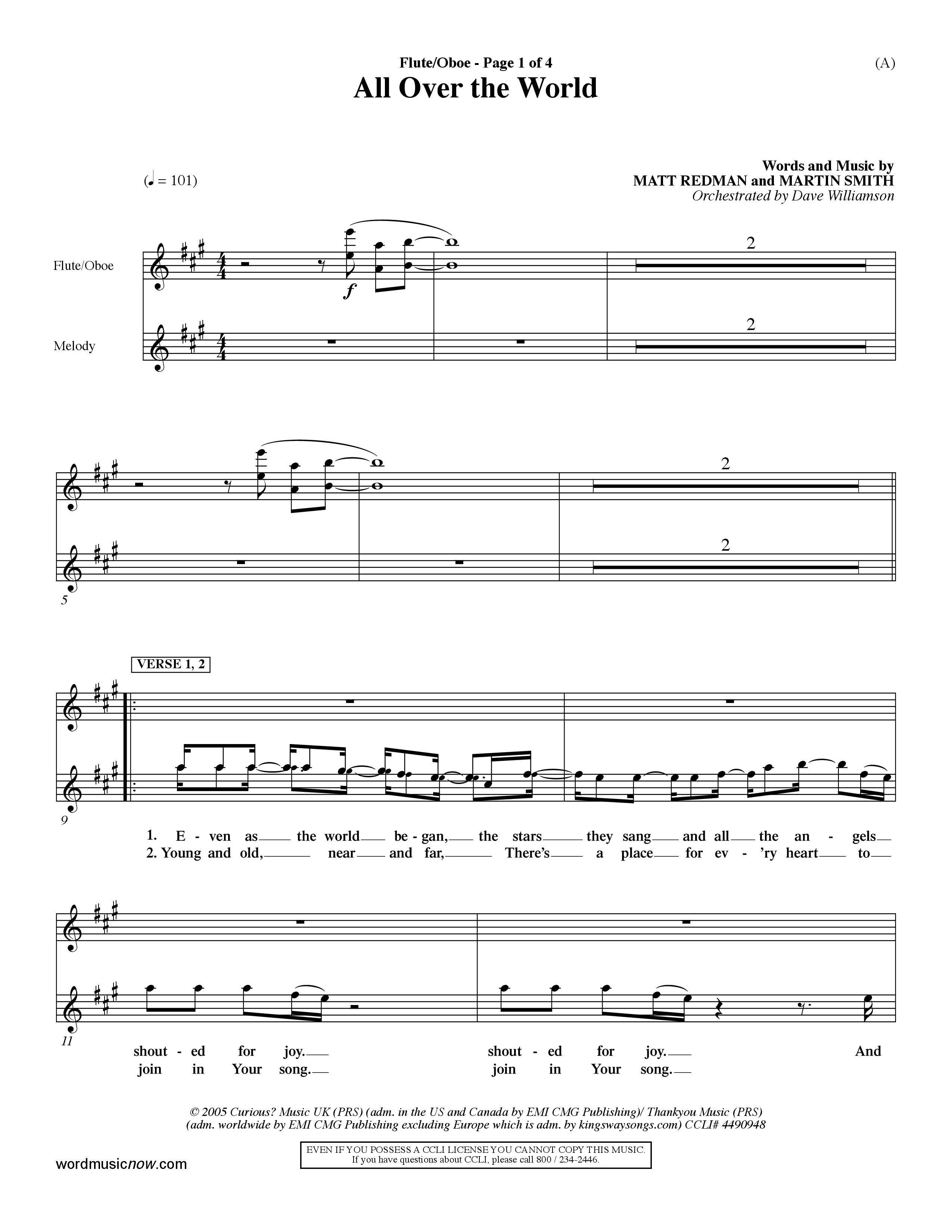 All Over The World (Choral Anthem SATB) Flute/Oboe (Word Music Choral / Orch. Dave Williamson)